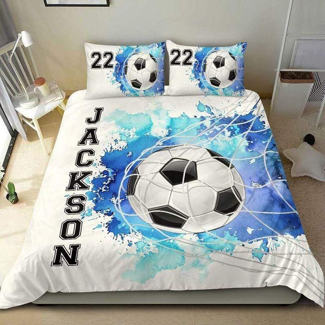 Juego de ropa de cama personalizado con tu nombre, juego de ropa de cama matrimonial de fútbol de 34 piezas, ropa de cama de fútbol tamaño King,
