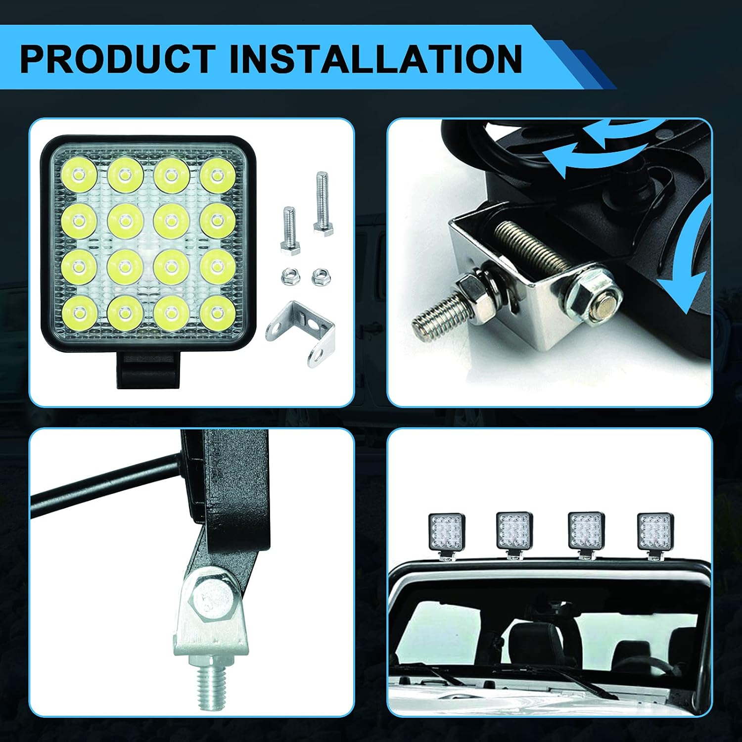AnTom LED Truck Work Lights,10Pcs 48W High Brightness LED Flood Light Bar,4×4 inch Off-Road Vehicle Lights, DC12V LED Miniature Lights, 4800lm for
