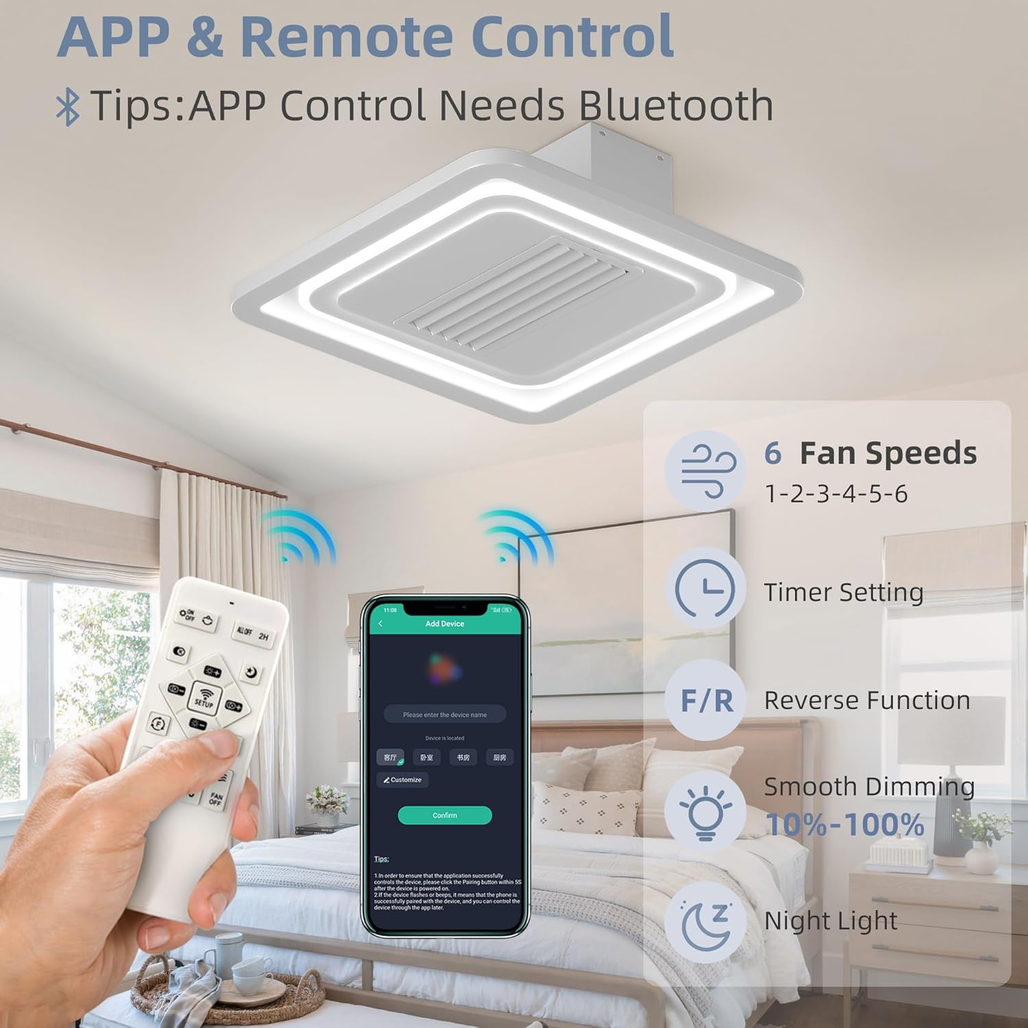 REYDELUZ Ventiladores de techo modernos con luces y control remoto, ventilador de techo de perfil bajo de 22 pulgadas, montaje empotrado,