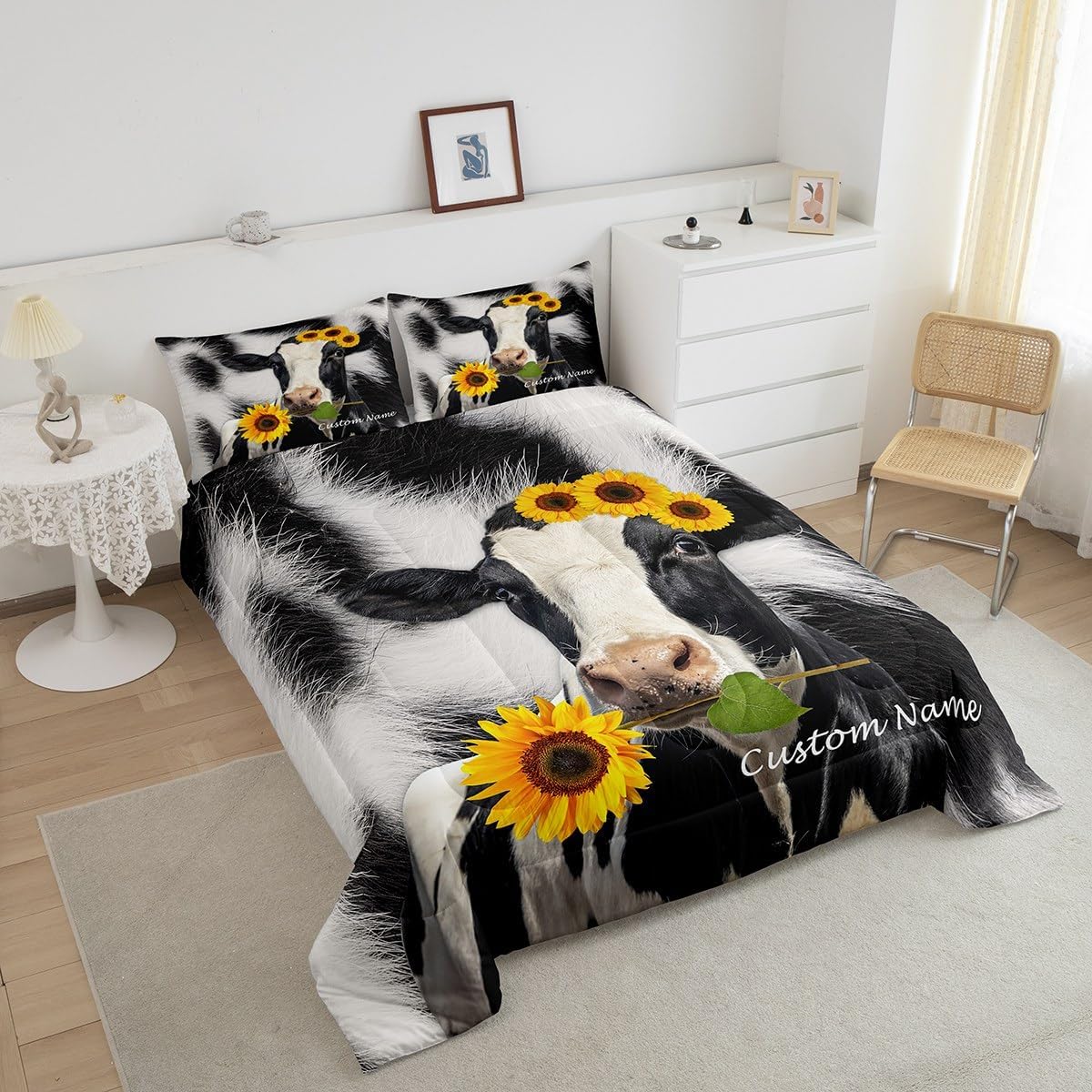 Erosebridal Juego de edredón personalizado de vaca de las tierras altas, juego de ropa de cama con estampado de vaca negra y blanca para niños,
