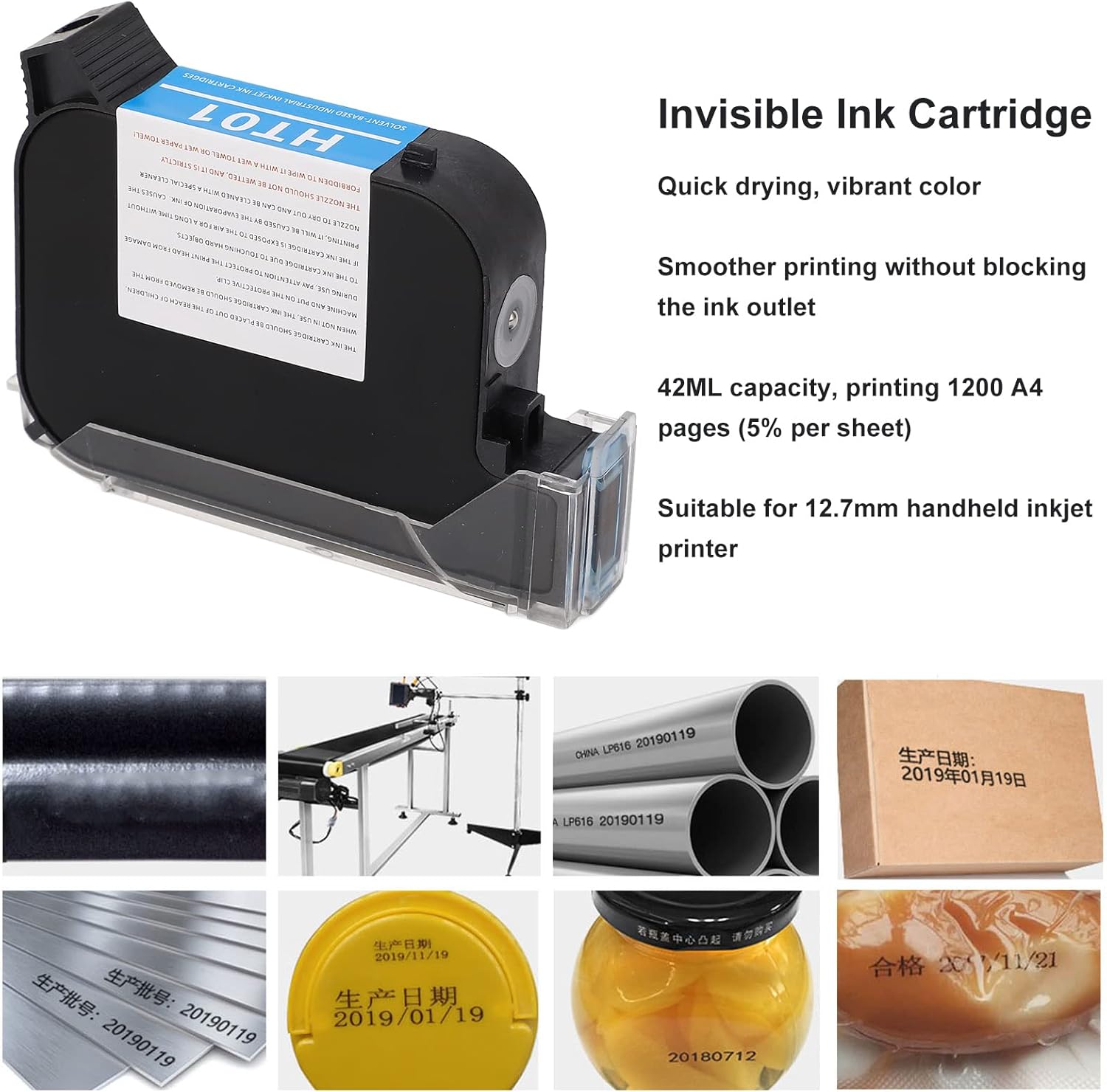 Hilitand Cartucho de tinta invisible de 0.500 in y 1.4 fl oz, cartucho de tinta para impresora de inyección de tinta, máquina de codificación de