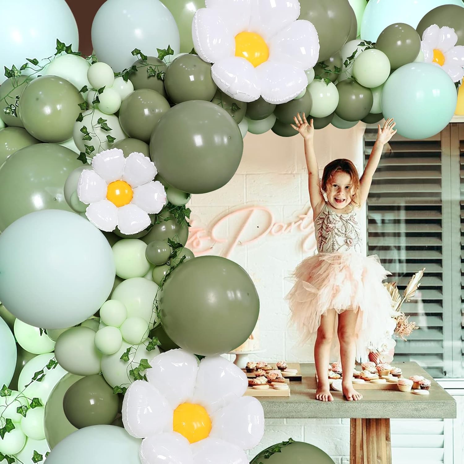 Kit de guirnalda de arco de globos de margaritas de flores, globos verde salvia pastel macarrón, arco de globos de dinosaurio hawaiano tropical para