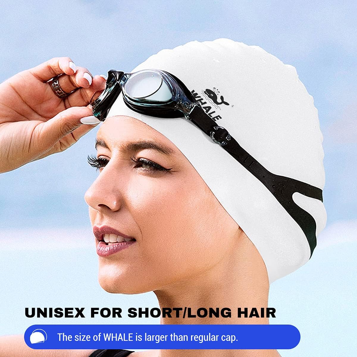 WHALE Extra Large Swim Cap for Women Men, Durable Silicone Swimming Hat with Ear Protection, Unisex Adults Bath Swimming Caps for Long Thick Curly