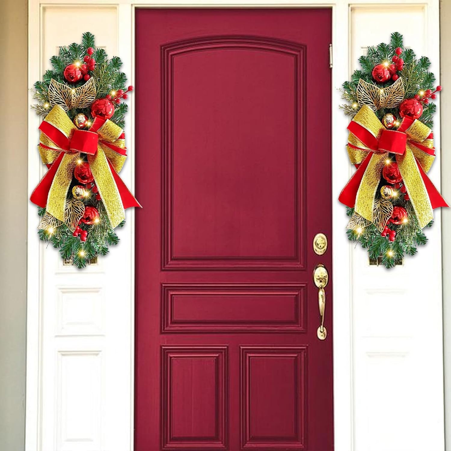 Guirnalda de escaleras de Navidad preiluminada, guirnalda de Navidad, el borde de escalera preiluminado inalámbrico, coronas de Navidad para puerta