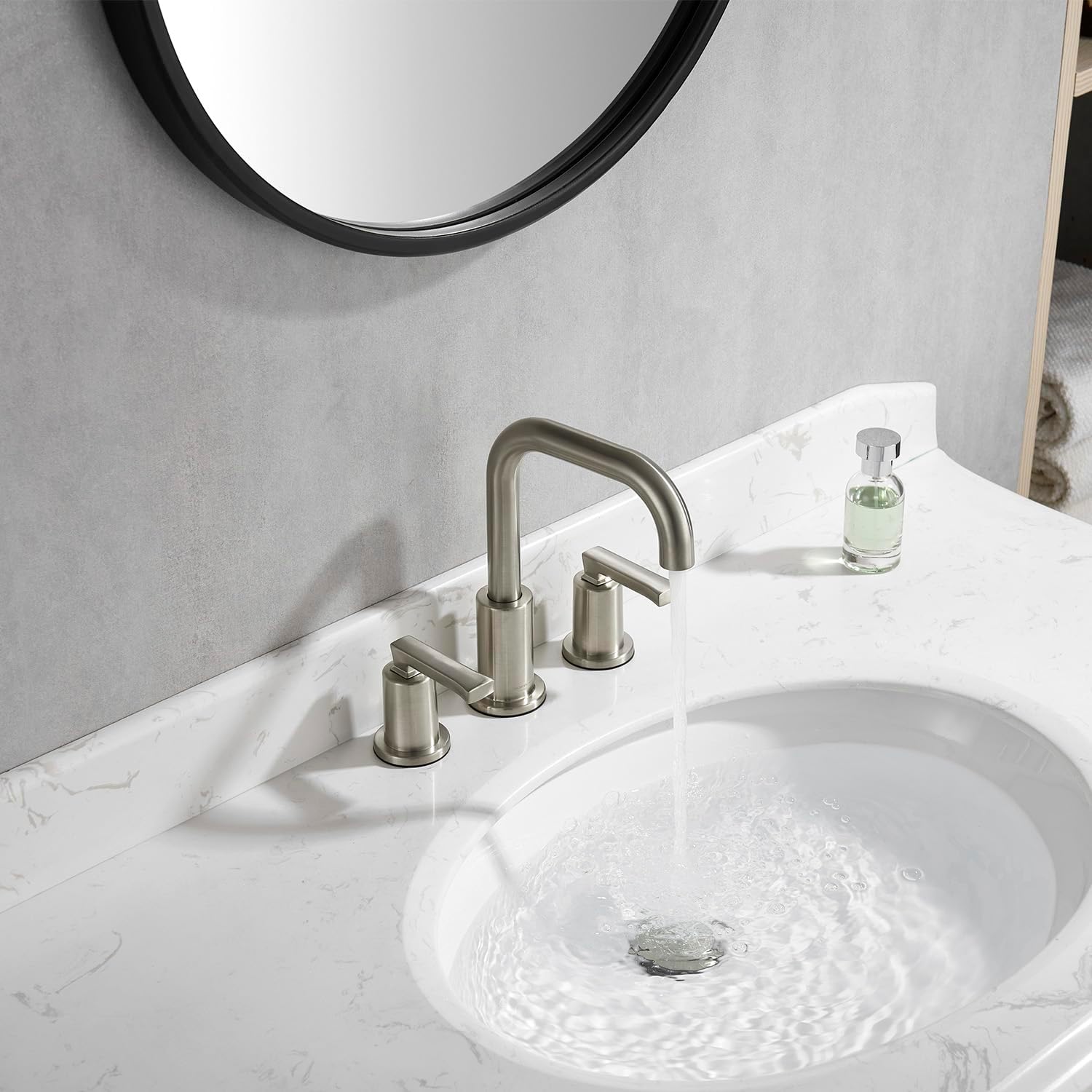 Grifo de baño de níquel cepillado de 8 pulgadas, moderno grifo de baño de dos manijas con drenaje desplegable y 2 líneas de suministro de agua,
