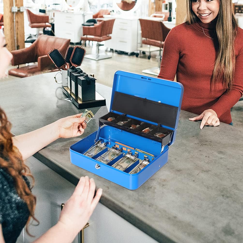 Caja de efectivo con cerradura de llave,Caja de metal duradera con bandeja de dinero,Caja de seguridad de almacenamiento seguro de bloqueo,Azul