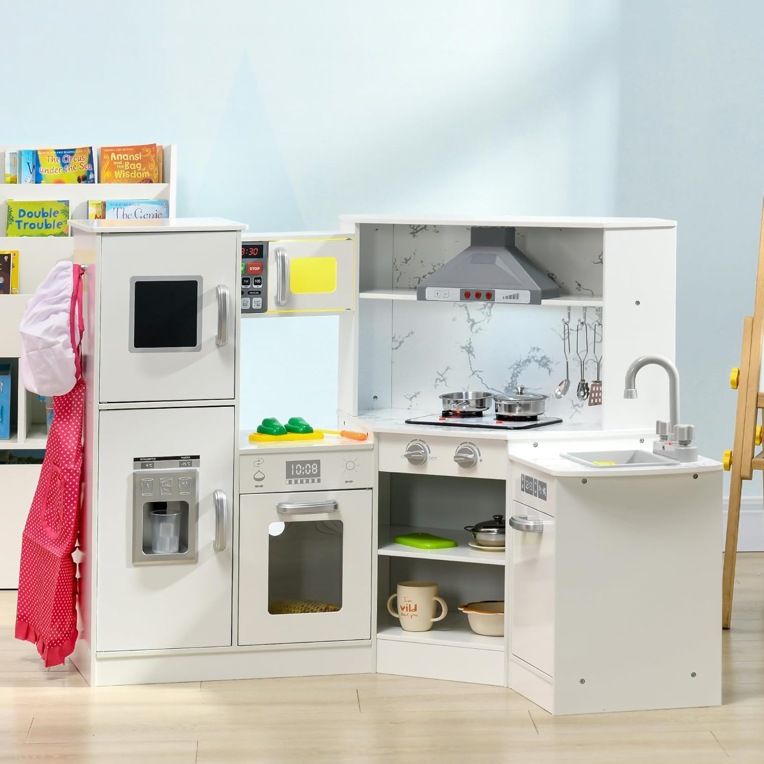 Qaba Juego de cocina de madera para niños pequeños, juguete de simulación para niños con luces, sonidos, delantal y sombrero de chef, máquina de