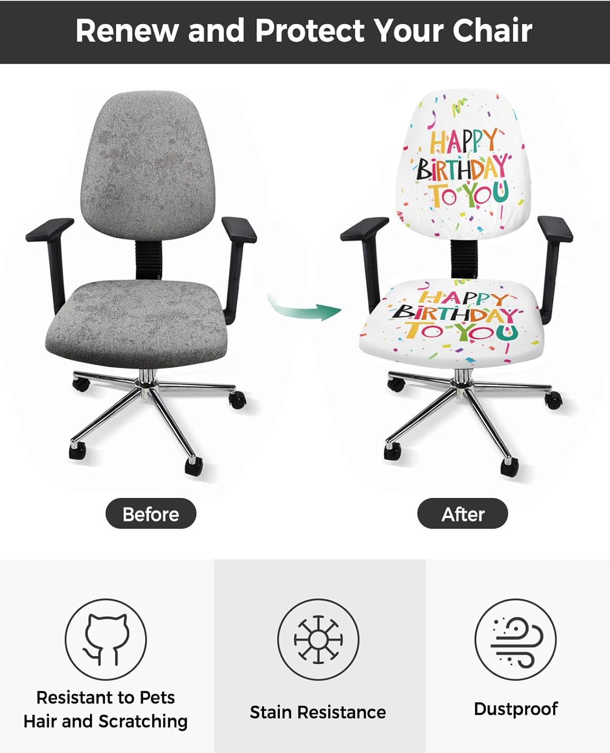 Funda elástica para silla de oficina con texto en inglés Happy Birthday para silla de computadora, respaldo, cinta de colores, arte abstracto,