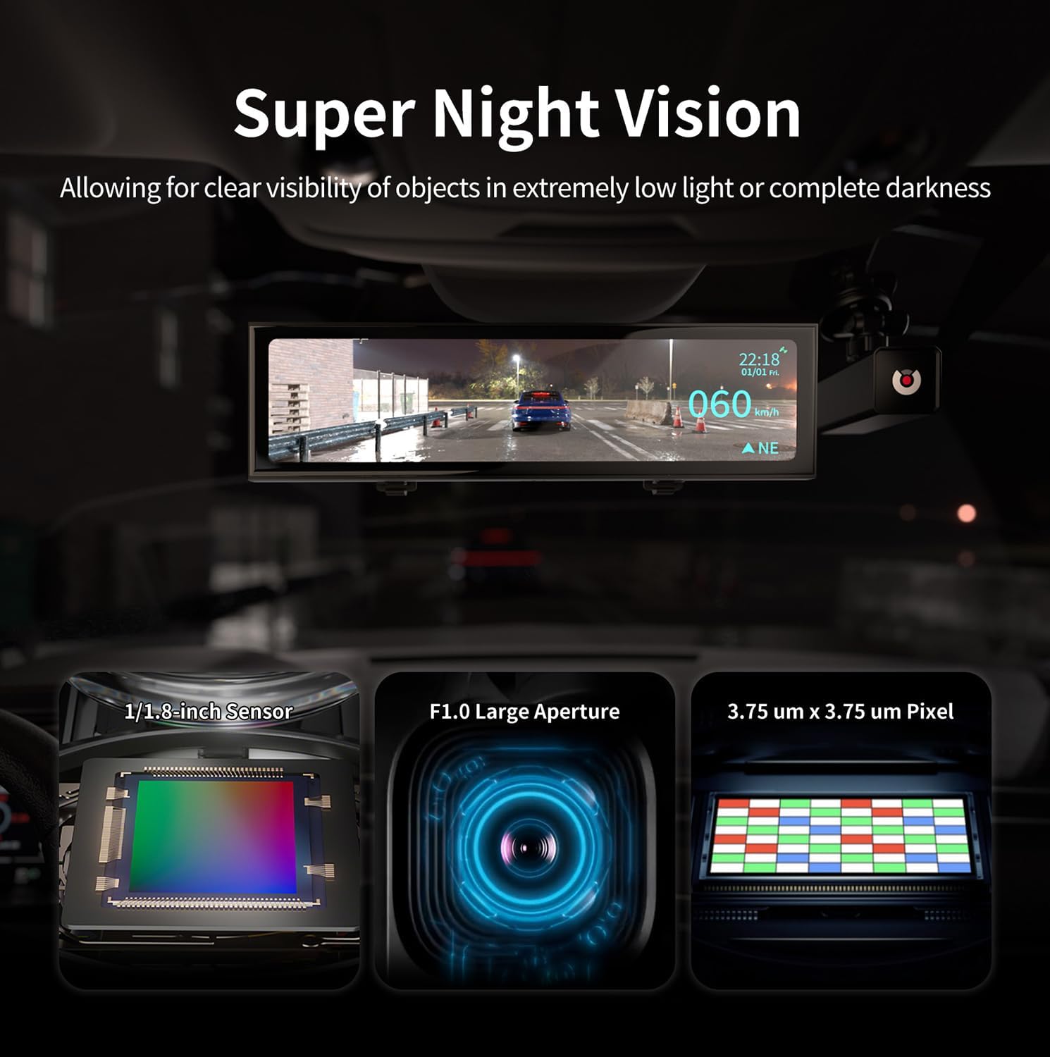 Cámara de espejo retrovisor de visión nocturna con lente de apertura F1.0, radar de visión AI, BSD HDRWDR, pantalla táctil inteligente espejo Dash
