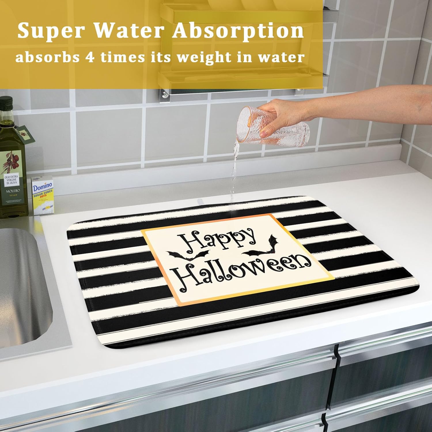 Tapete de secado de platos de murciélagos de Happy Halloween para encimera de cocina, tapete de secado de rayas blancas y negras de 18 x 24 pulgadas