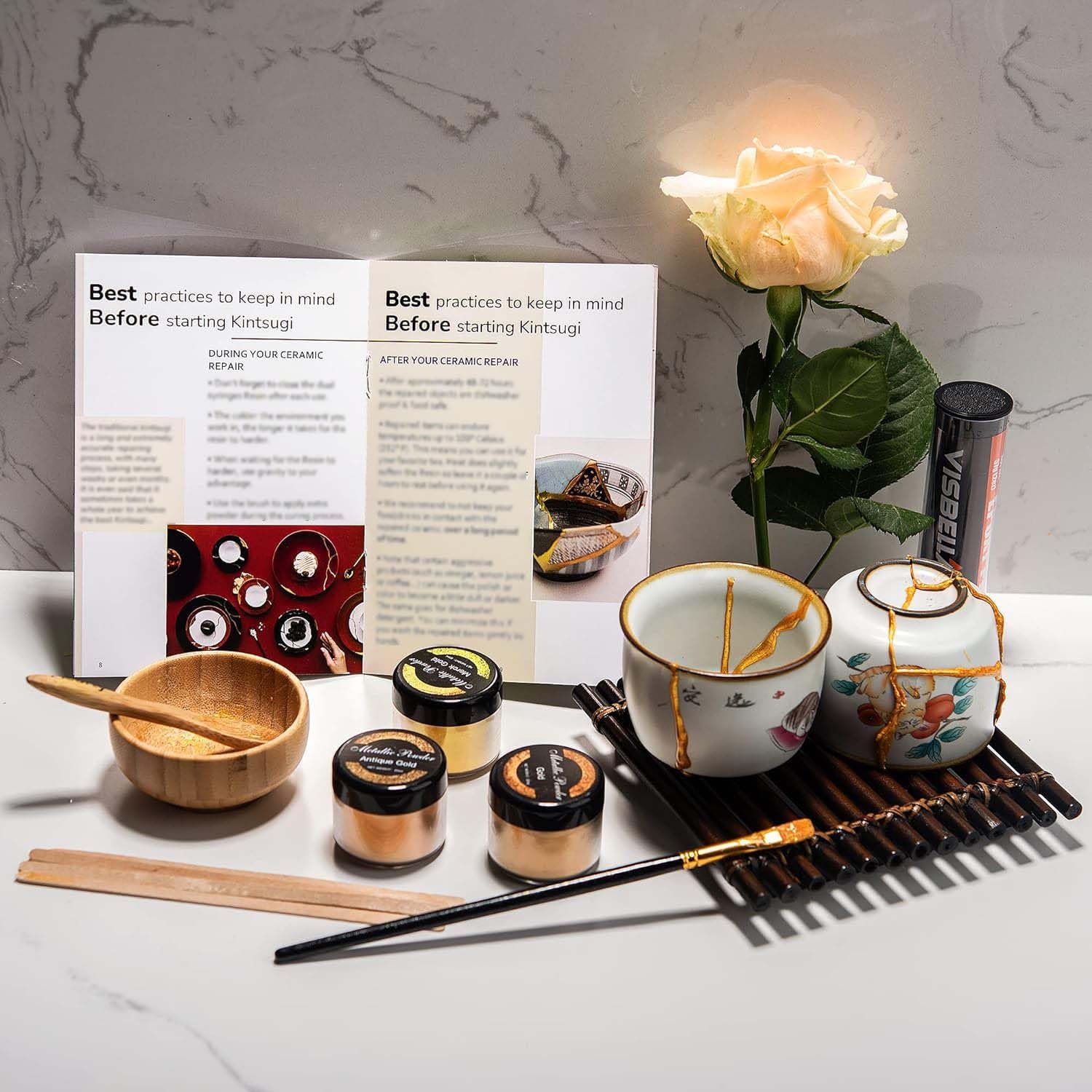 Plearty Kintsugi – Kit de reparación de oro seguro para alimentos, 1.7 fl oz, resina epoxi de 2.12 oz, polvo de mica dorado metálico, 15 páginas