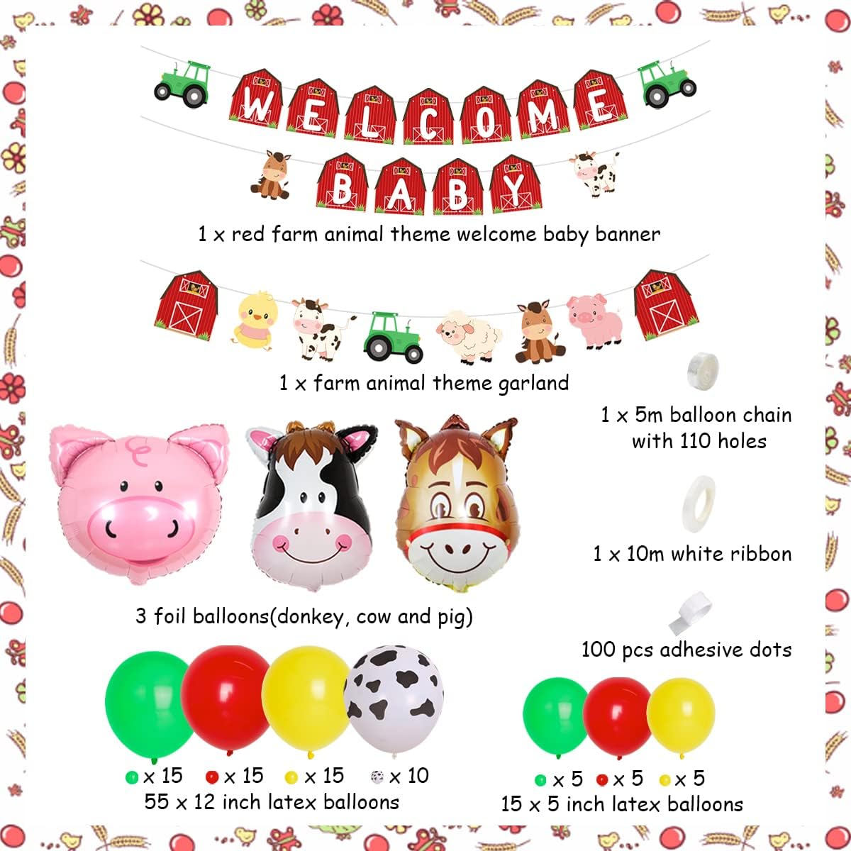 Decoraciones de baby shower de animales de granja para niños y niñas, guirnalda de globos rojos y amarillos, decoración de temática de granja,