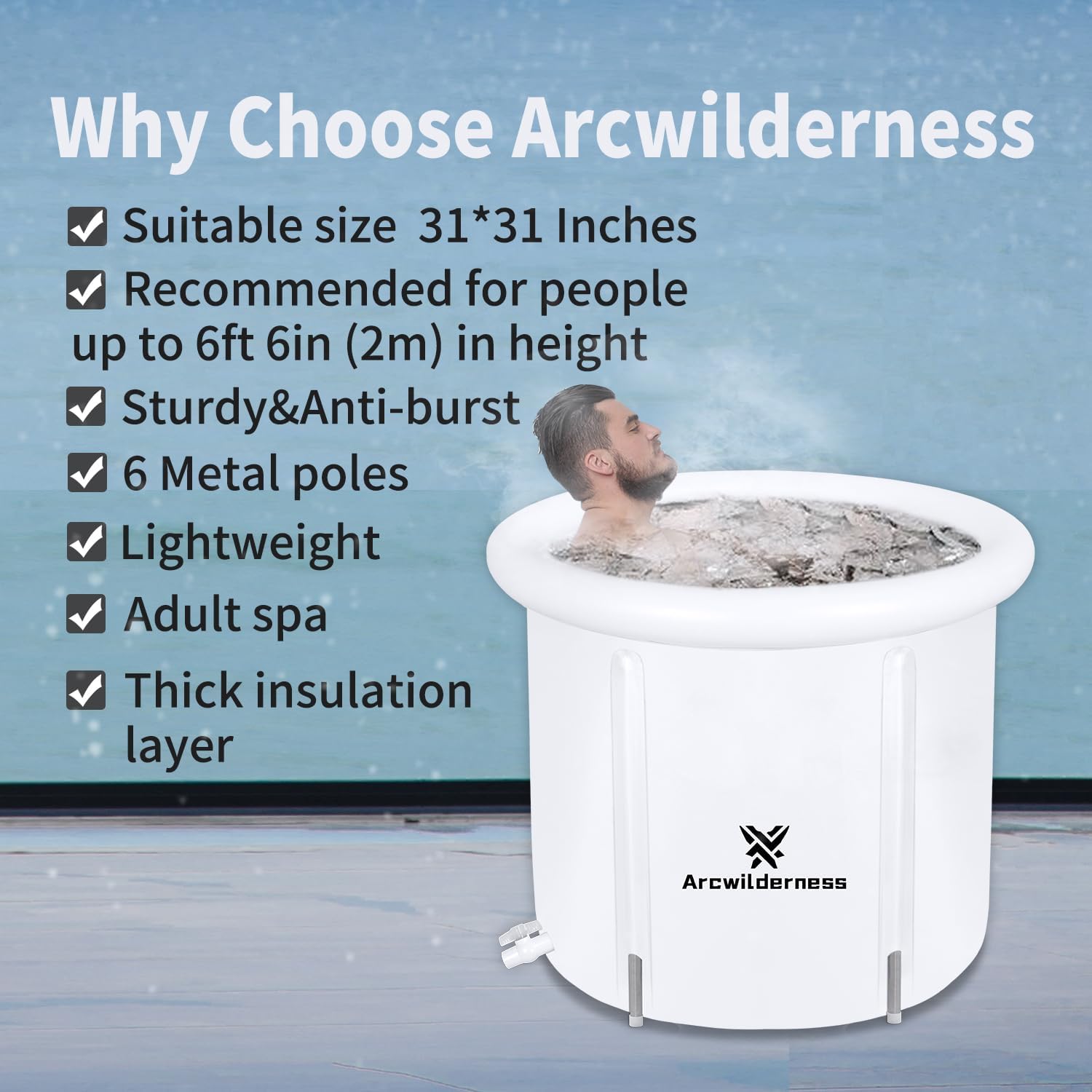 Arcwilderness Bañera de hielo para atletas, varilla de soporte de metal para adultos, bañera de hielo portátil de 4 capas aislada, terapia de agua
