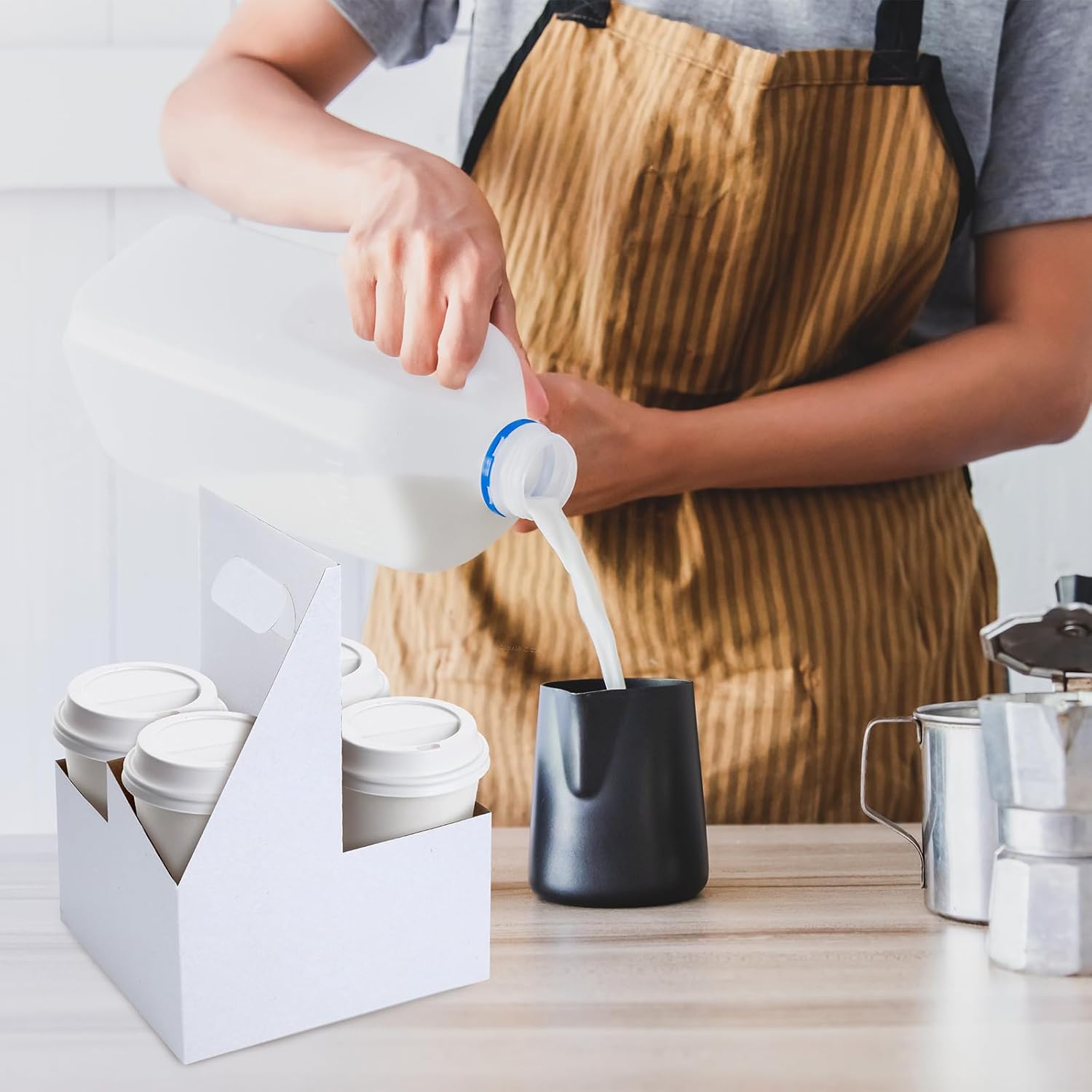 Kisston Paquete de 150 portadores de bebidas con asa, 4 tazas de cartón de estraza para tazas, portavasos, desechable, para bebidas calientes o
