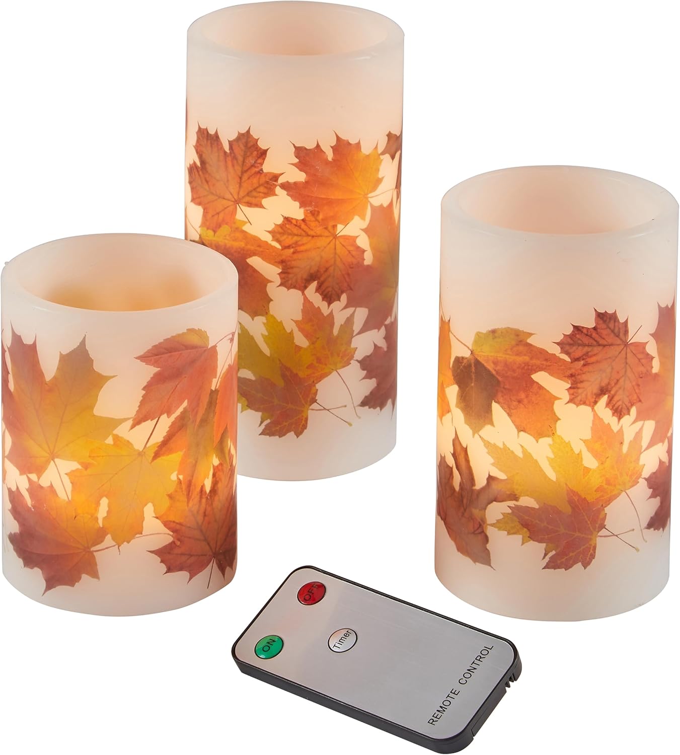 Lights4fun, Inc. – Juego de 3 velas de cera de hojas de otoño, funciona con pilas, sin llama, LED de Acción de Gracias con control remoto