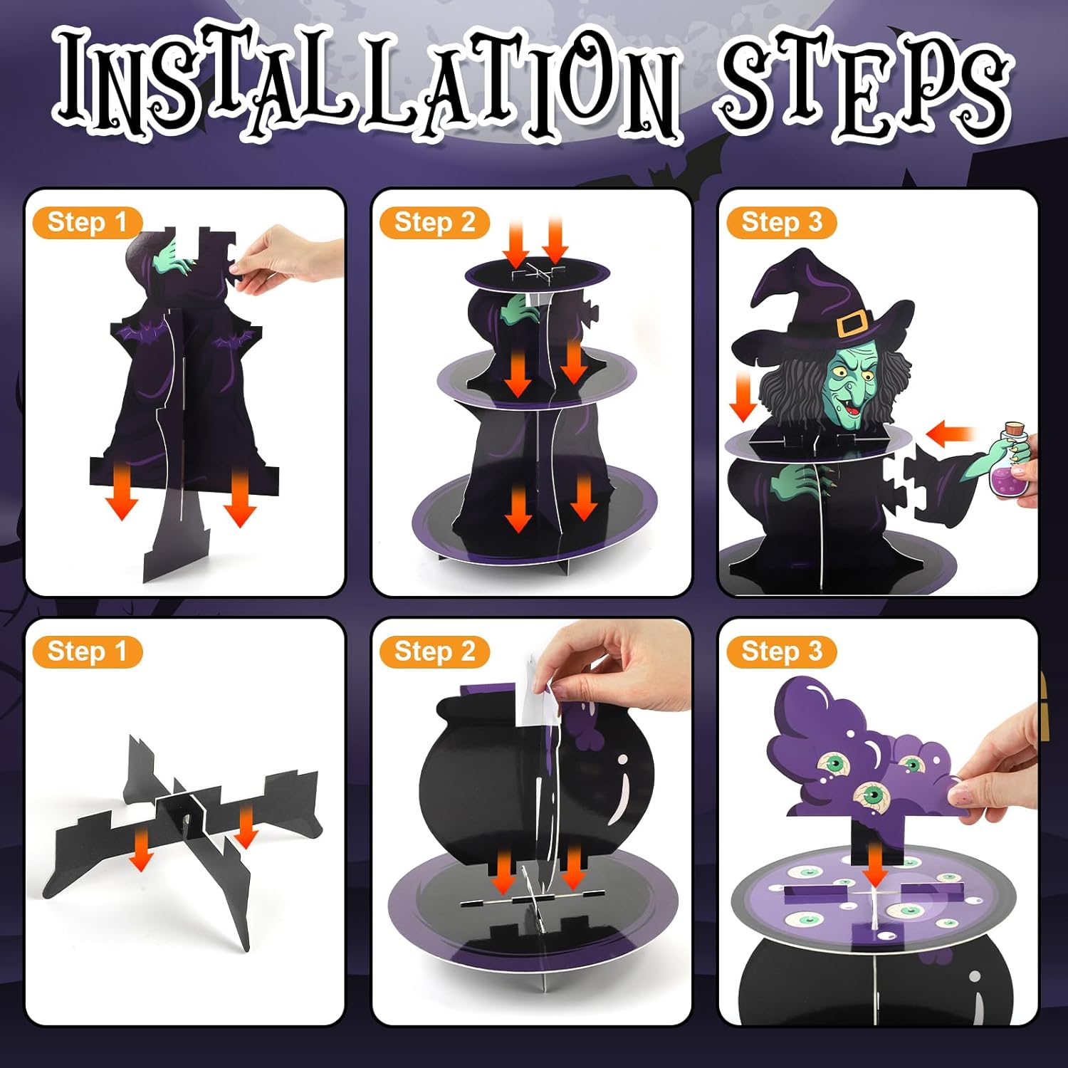 Soporte para cupcakes de Halloween para 24 cupcakes de bruja y veneno, decoraciones de cupcakes de Halloween, de cartón, juego de 3 niveles y 2