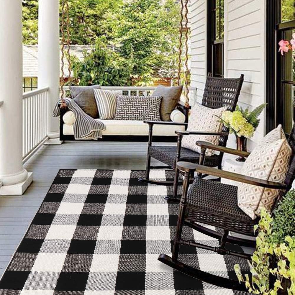 Tapete de lana cuadriculada para interiores y exteriores, 3 x 5 pies, tejido de algodón en blanco y negro, alfombra de porche para interiores y