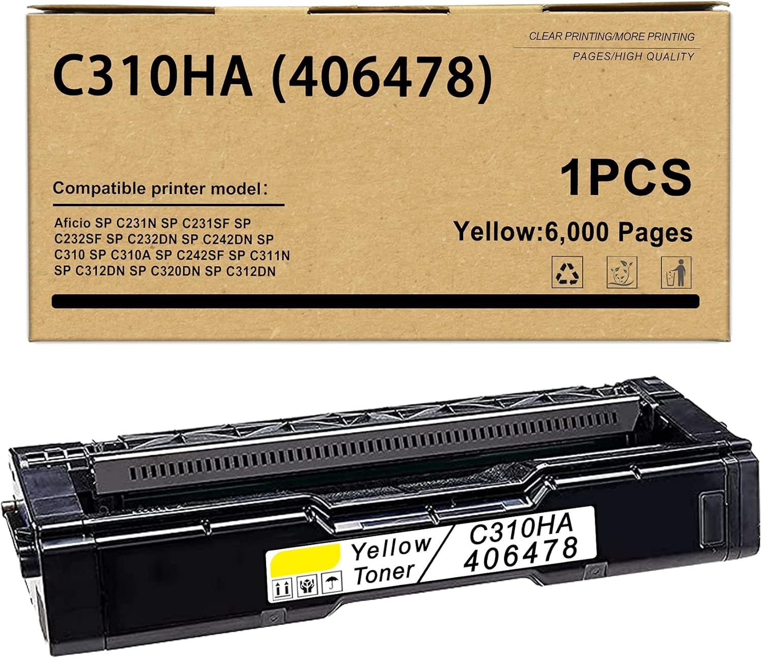 1 cartucho de tóner amarillo compatible con C310HA para Ricoh Aficio SP C231N SP C231SF SP C232SF SP C232DN SP C242DN SP C310 SP C310A SP C242SF. E.
