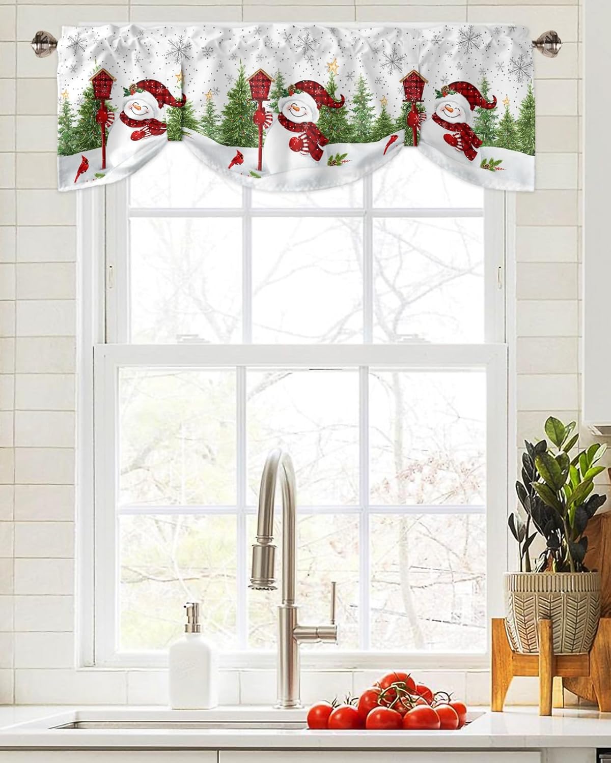 Cenefas de cortina de Navidad con diseño de muñeco de nieve para ventanas, cenefas cortas de cortina de ventana verde con copo de nieve, cortinas de