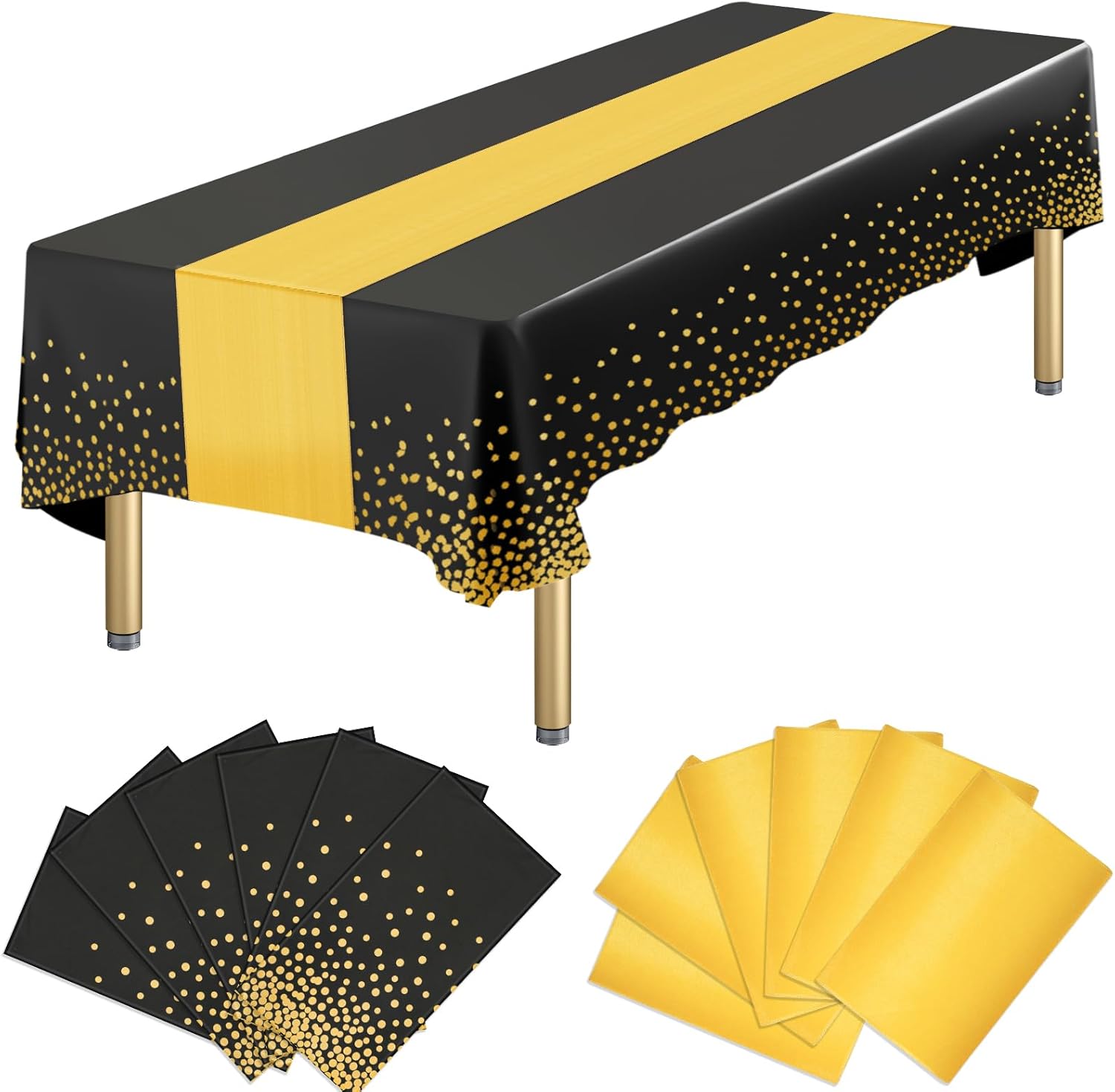 Paquete de 12 manteles rectangulares de plástico negro desechables y satinados, mantel rectangular negro y dorado para cumpleaños, aniversario,