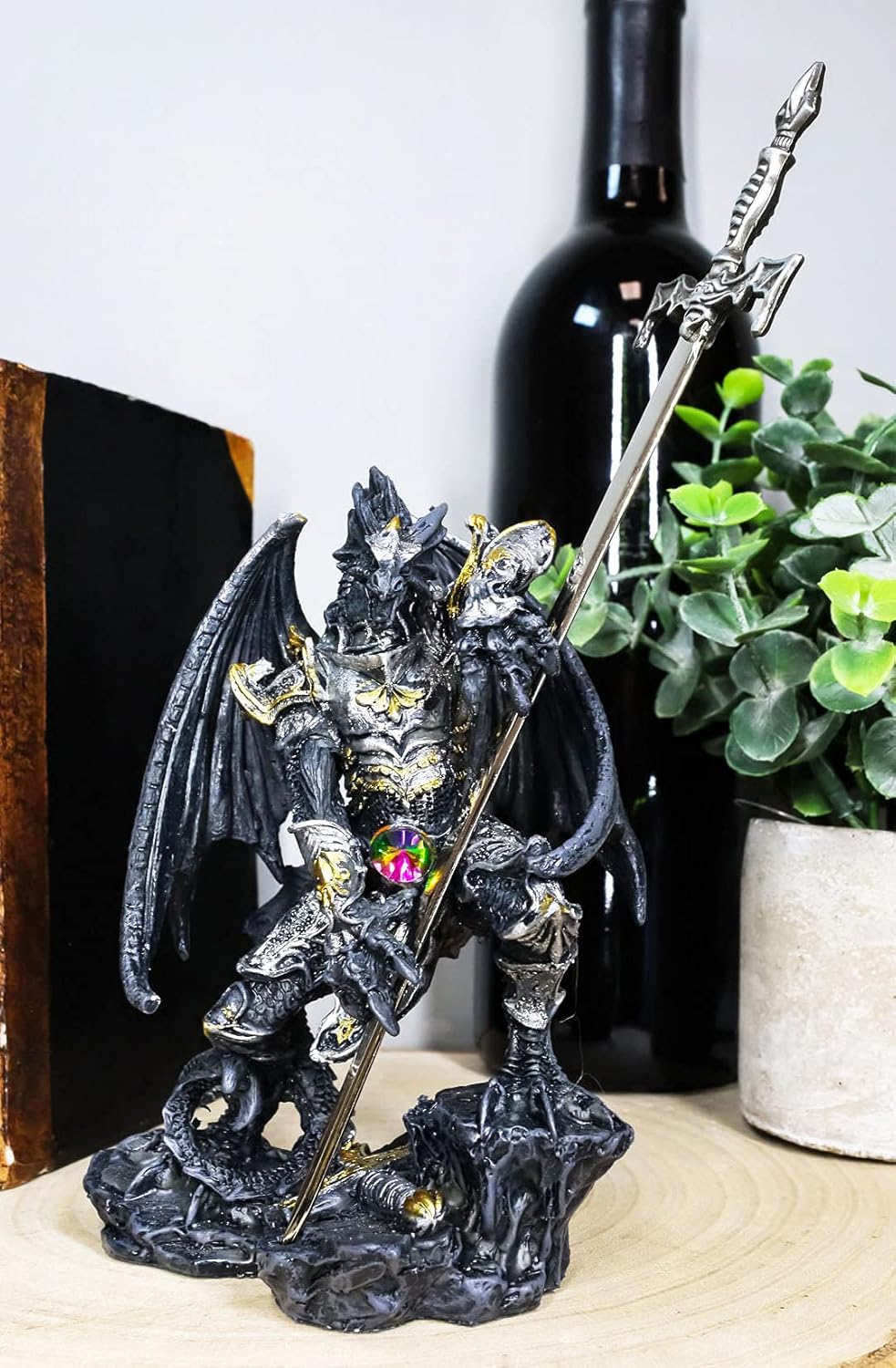 Ebros Gift Dragón fantasma elemental de piedra sintética con armadura de batalla y espada larga abrecartas estatua para el hogar y la oficina, mesa