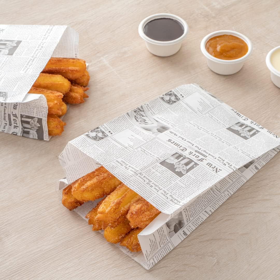 Restaurantware Bag Tek Newsprint Paper French FrySnack Bag – 5″ x 3″ x 8 34″ – Caja de 100 unidades