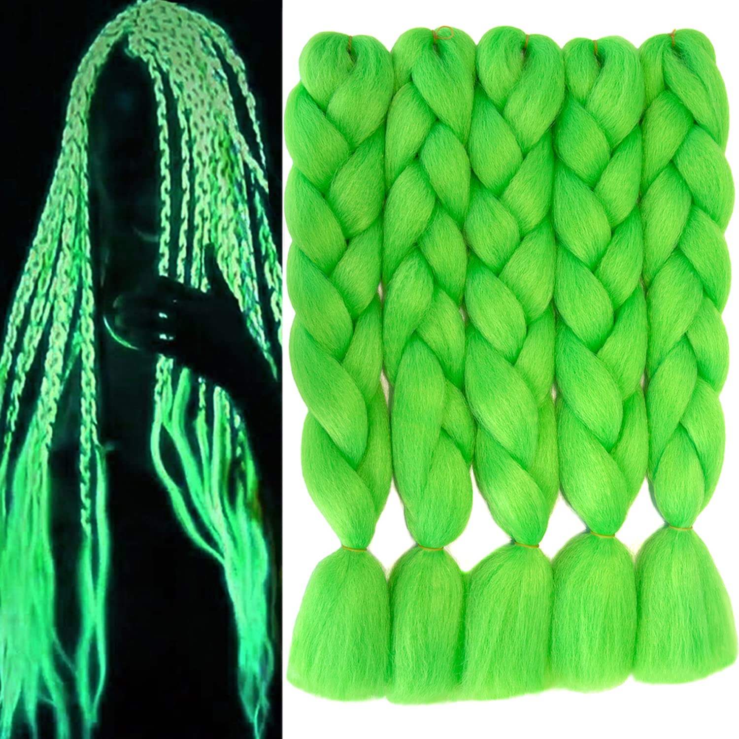 Itsuhair Extensiones de cabello trenzado Kanekalon de color verde neón para trenzar trenzas luminosas jumbo, extensiones de cabello trenzado que