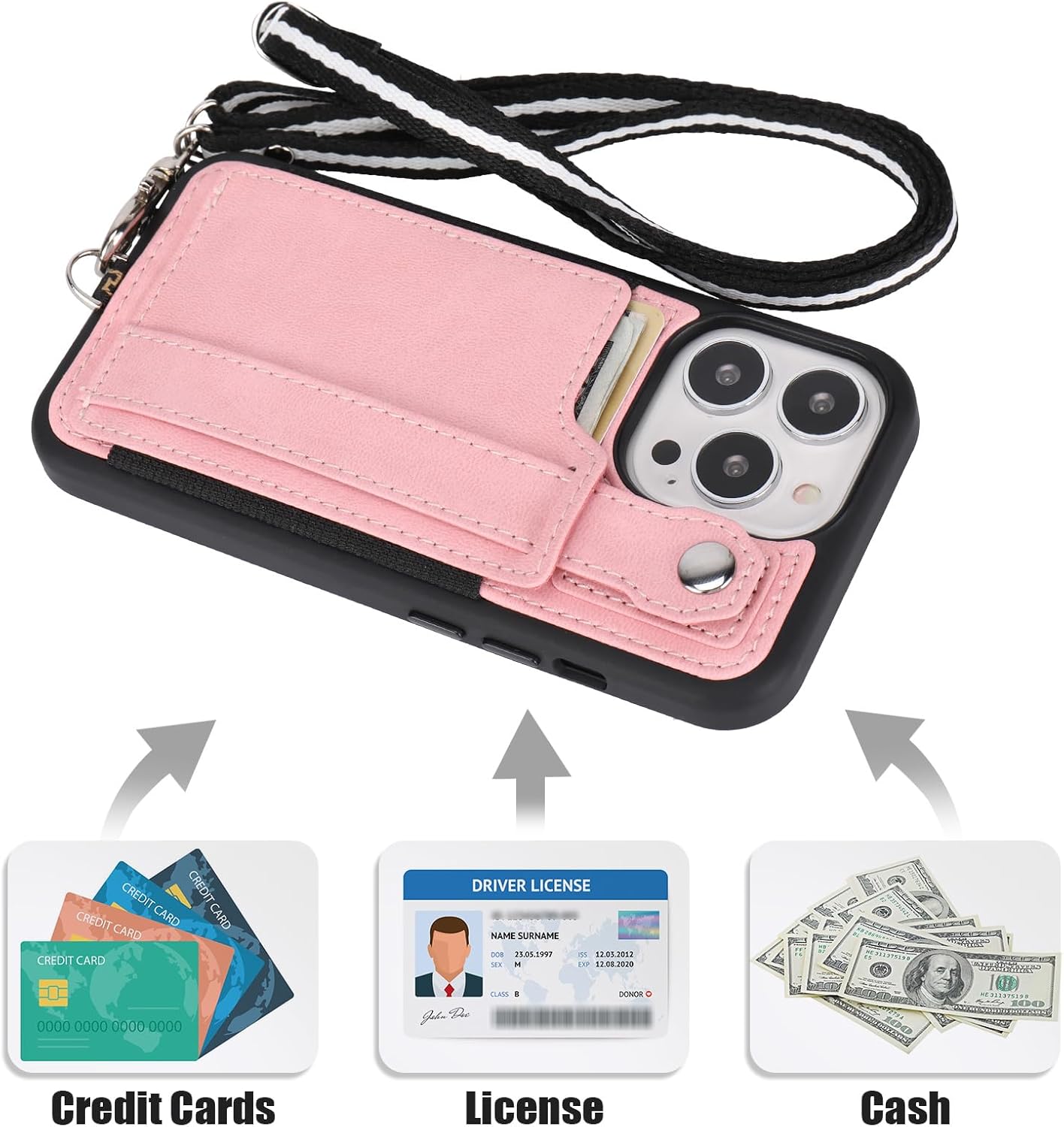 TOOVREN Funda para teléfono compatible con iPhone 15 Pro Max con cordón para iPhone 15 Pro Max, funda tipo cartera con soporte para tarjetas, funda