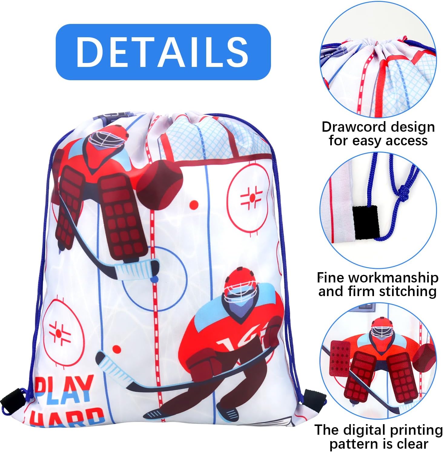 El juego de 36 piezas de recuerdos de fiesta de hockey incluye 12 bolsas de cordón de hockey, 12 pulseras de silicona de hockey, 12 llaveros