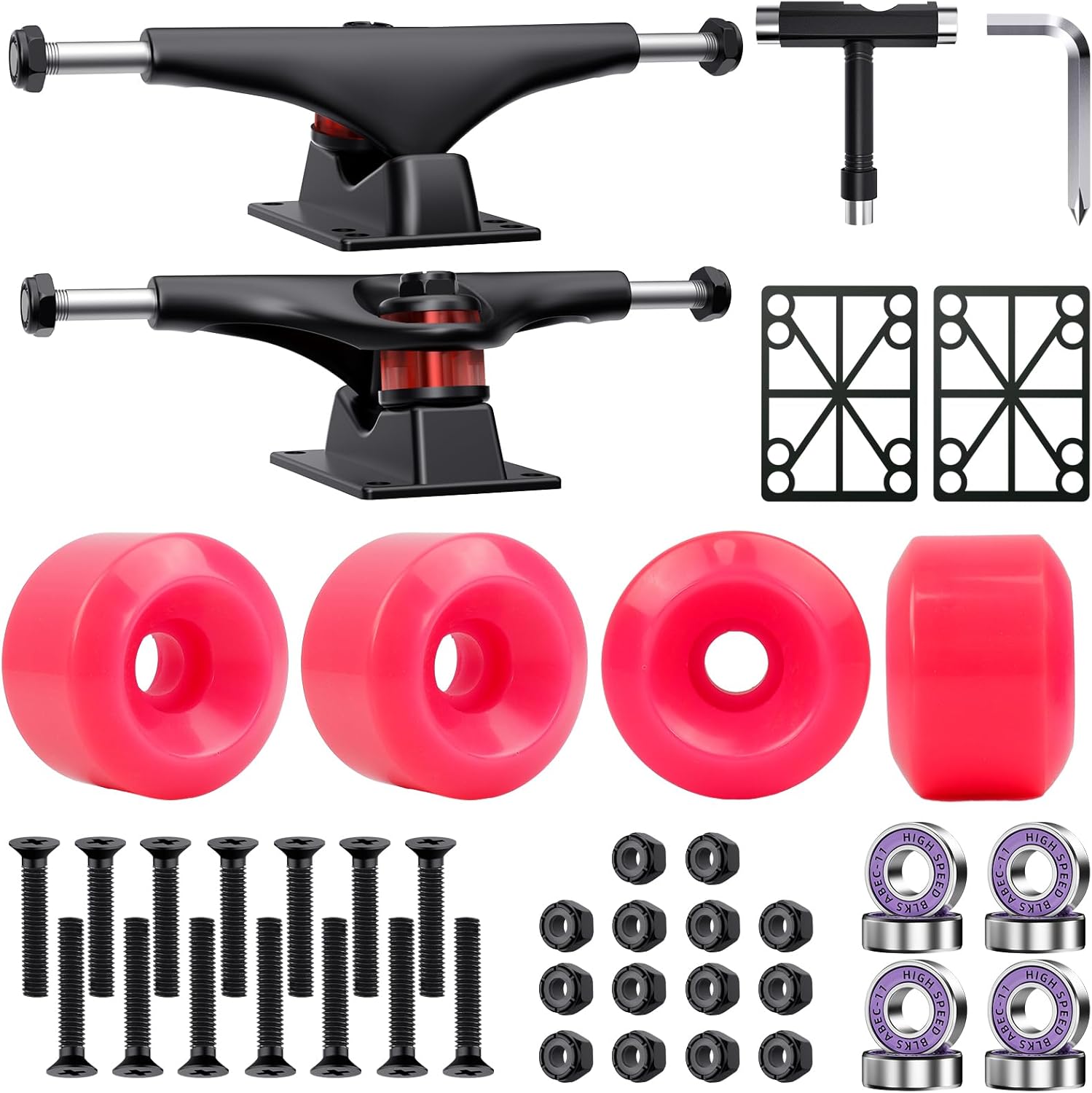 Juego de camiones y ruedas para patineta, ruedas de patineta Cruiser de alto rebote de 2.362 in, rodamientos de patineta ABEC-11, herramienta de