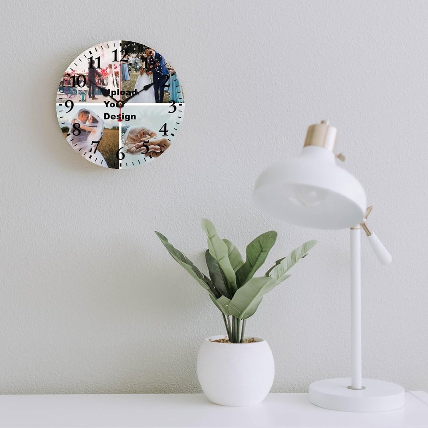 Reloj de pared de madera personalizado de 16 pulgadas, silencioso, sin tictac, imágenes personalizadas, reloj colgante conmemorativo para boda,