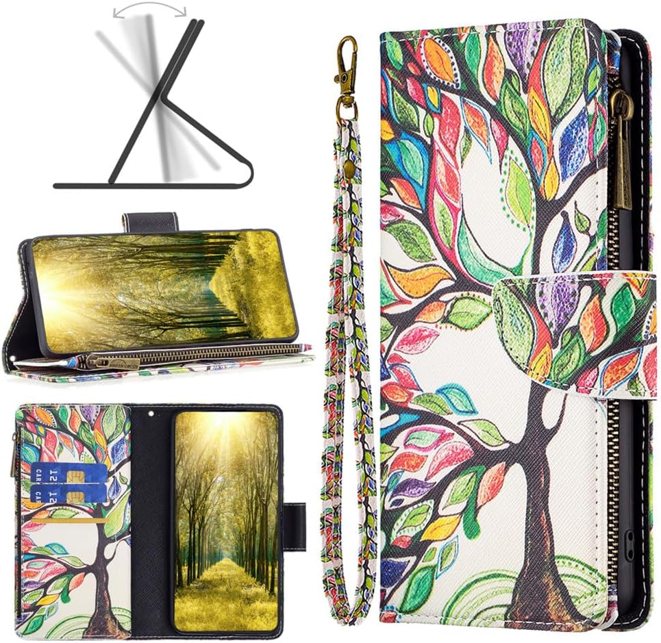 XYX Funda tipo cartera con cremallera para Samsung S20 FE, colorida funda de piel sintética con cierre de cremallera con 9 ranuras para tarjetas y