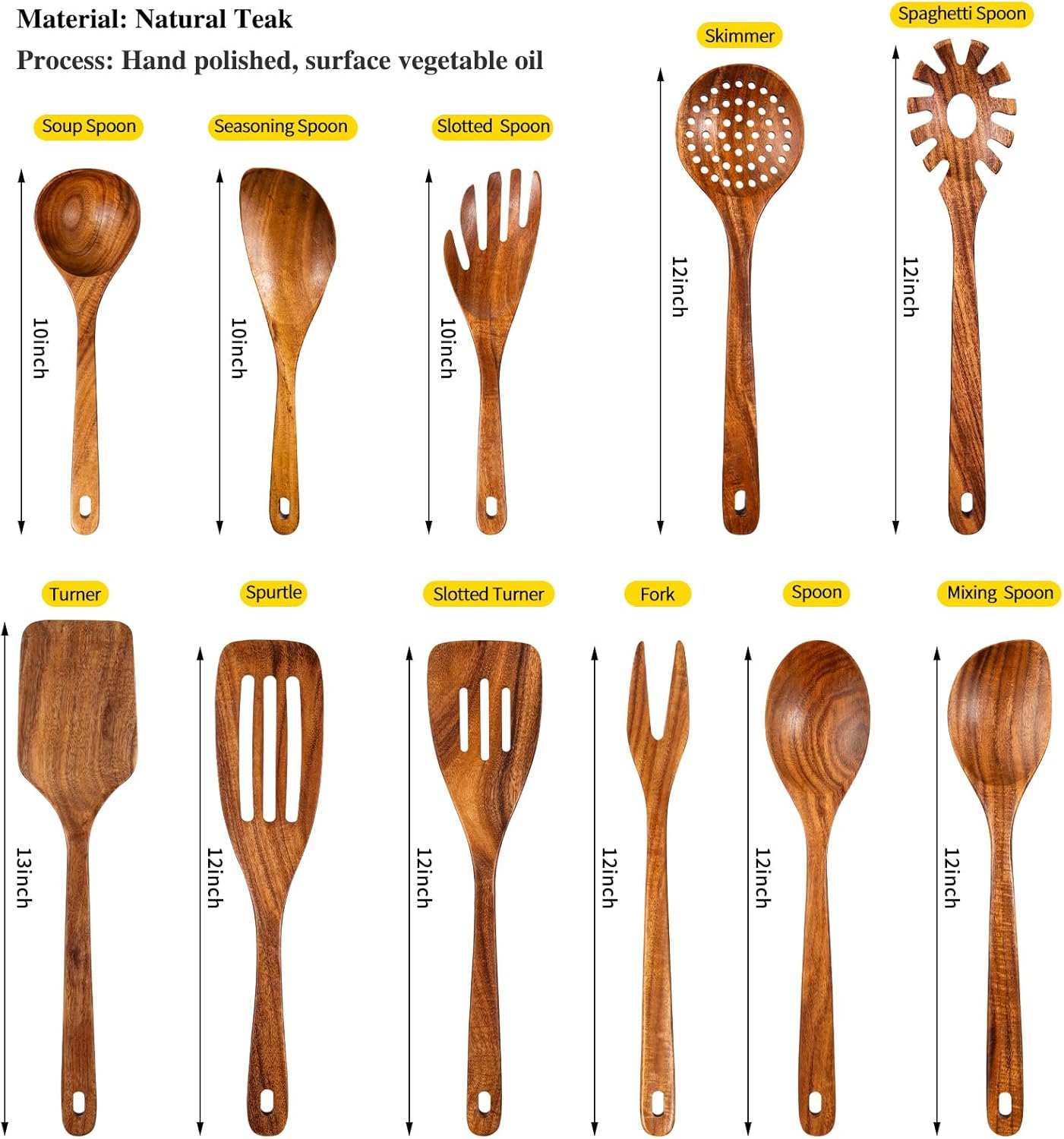 GUDAMAYE Cucharas de madera para cocinar, juego de utensilios de cocina de madera, utensilios de cocina de madera, cucharas de madera de teca
