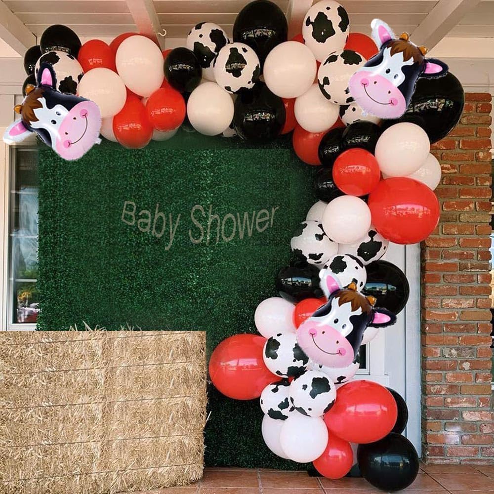 Decoraciones de fiesta de vaca, kit de arco de guirnalda de globos de vaca, globos rojos, negros y blancos para decoraciones de fiesta de vaquera,