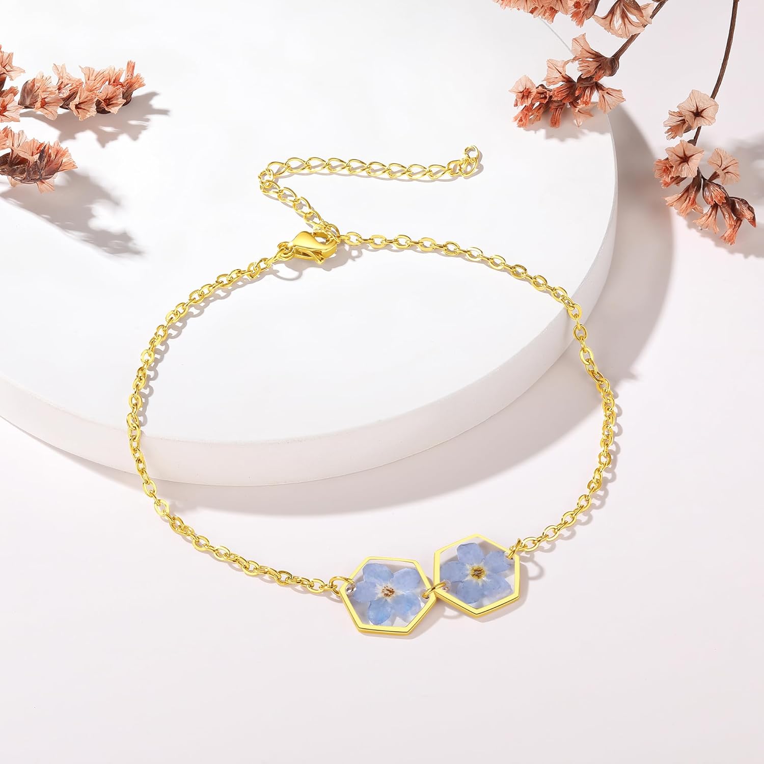 Forget-Me-Not Pressed Wildflower Anklet  Personalized Handmade Anklet  Real Wildflowers Anklet  Alaska State Flower Bracelet  Gold Pressed Flower