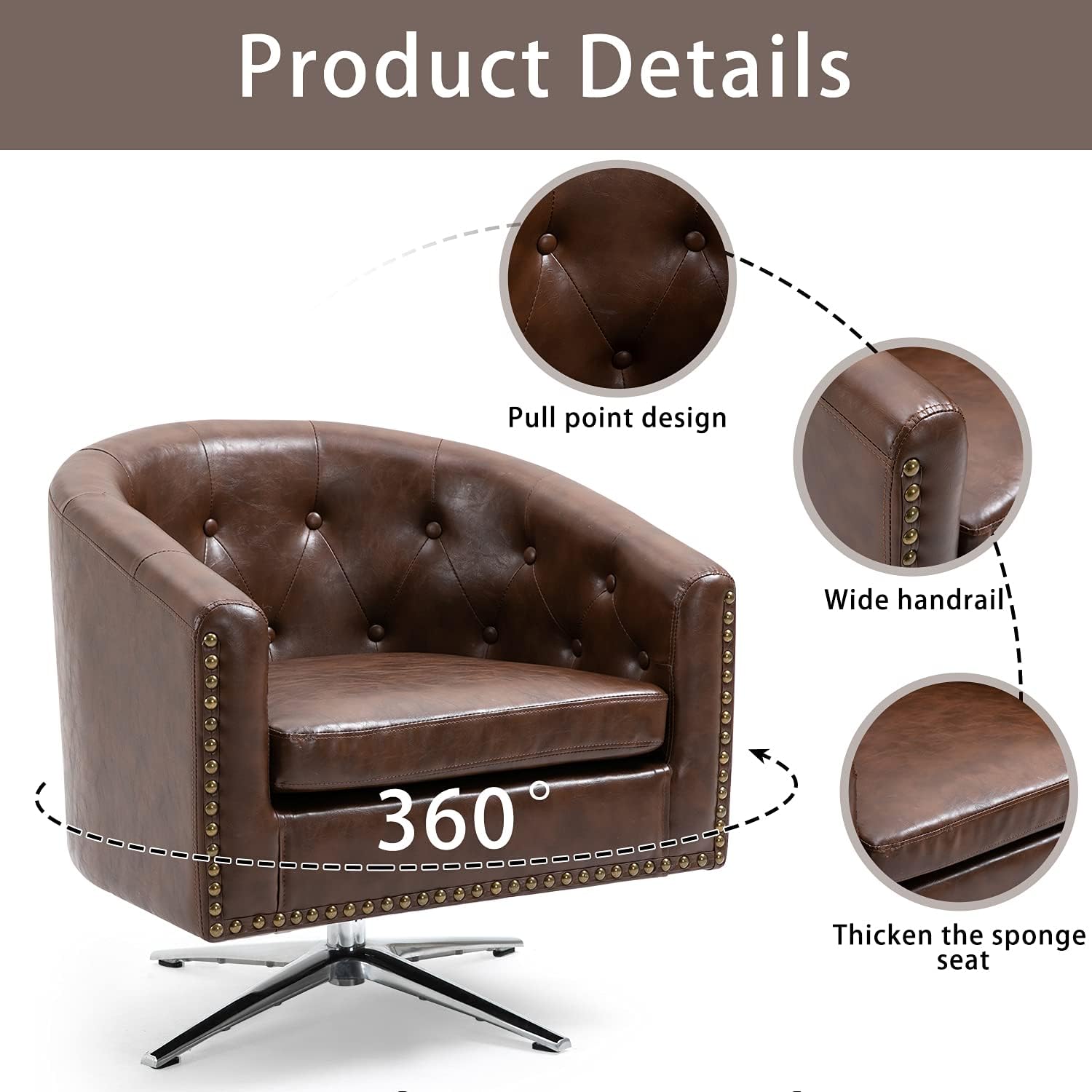 AVAWING Silla decorativa, silla de barril de piel sintética, sillón decorativo con acolchado suave y base de metal, silla moderna de mediados de