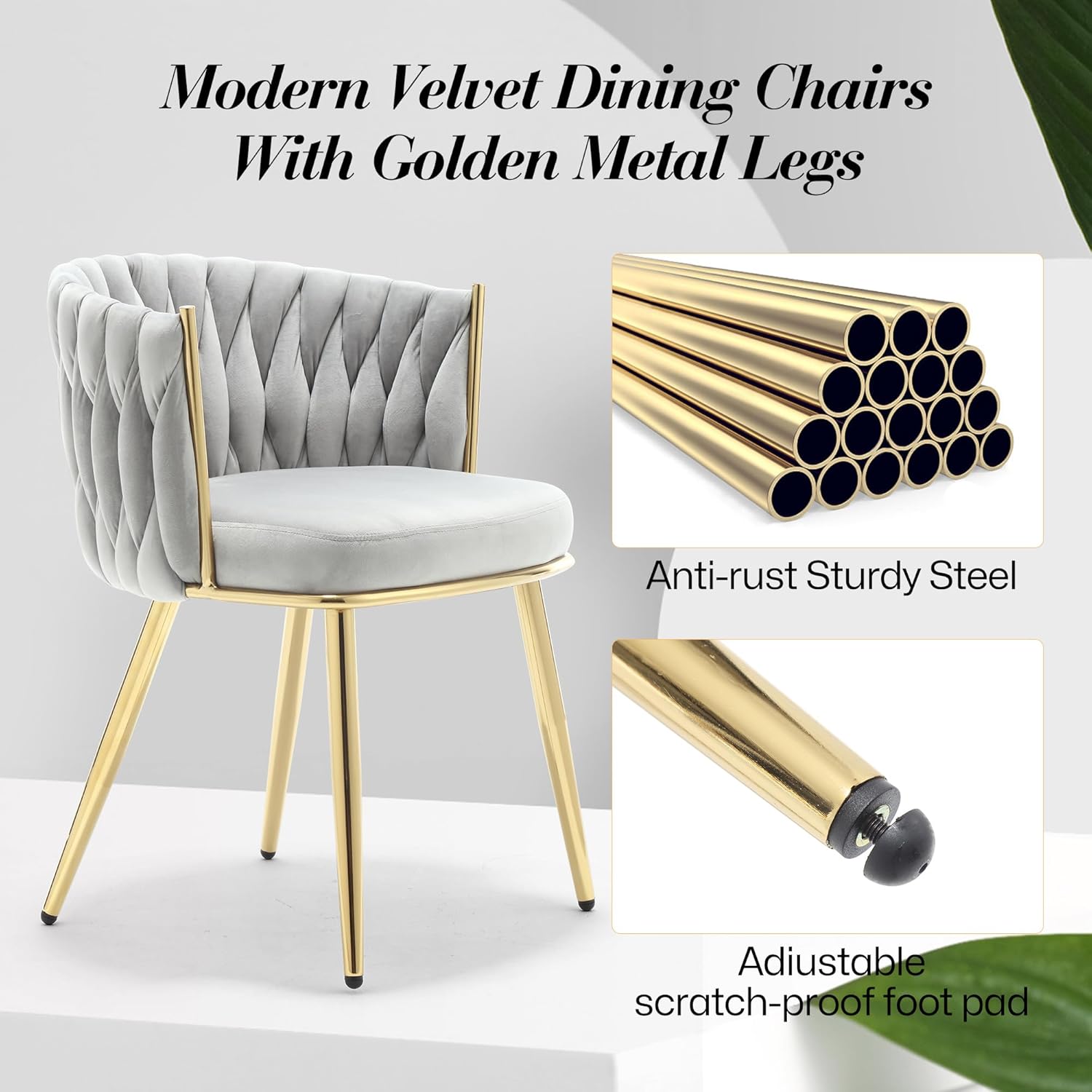 KCC Juego de 2 sillas de comedor de terciopelo, sillas de comedor modernas doradas con patas de metal, sillas de comedor tapizadas tejidas para