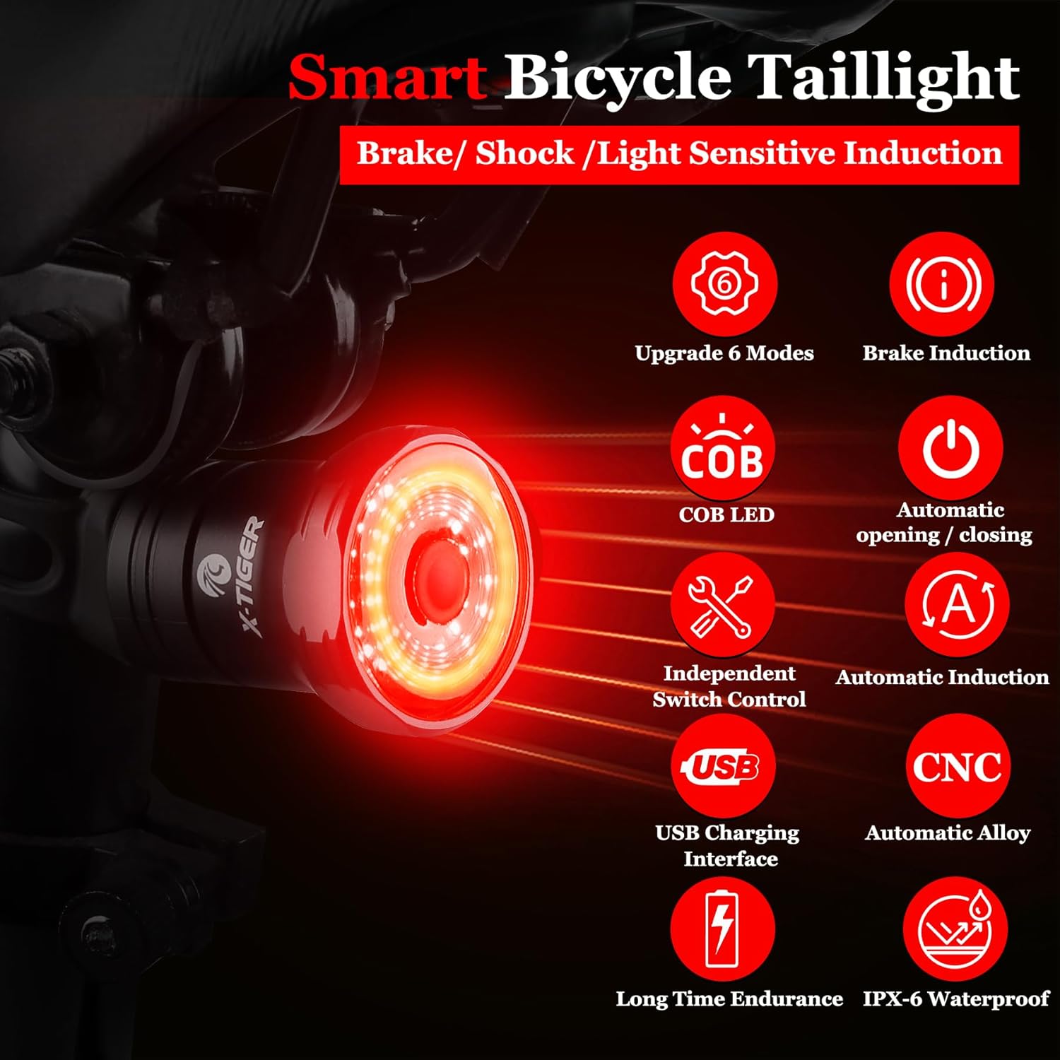 X-TIGER Luz trasera inteligente para bicicleta, luces traseras LED deportivas, luz trasera recargable por USB, luz trasera de bicicleta con