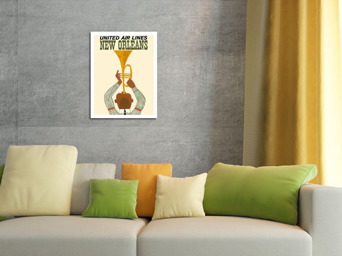New Orleans – Trompetista de jazz – United Air Lines – Póster vintage de viaje de aerolínea c.1960s – Impresión artística maestra de 9 x 12 pulgadas