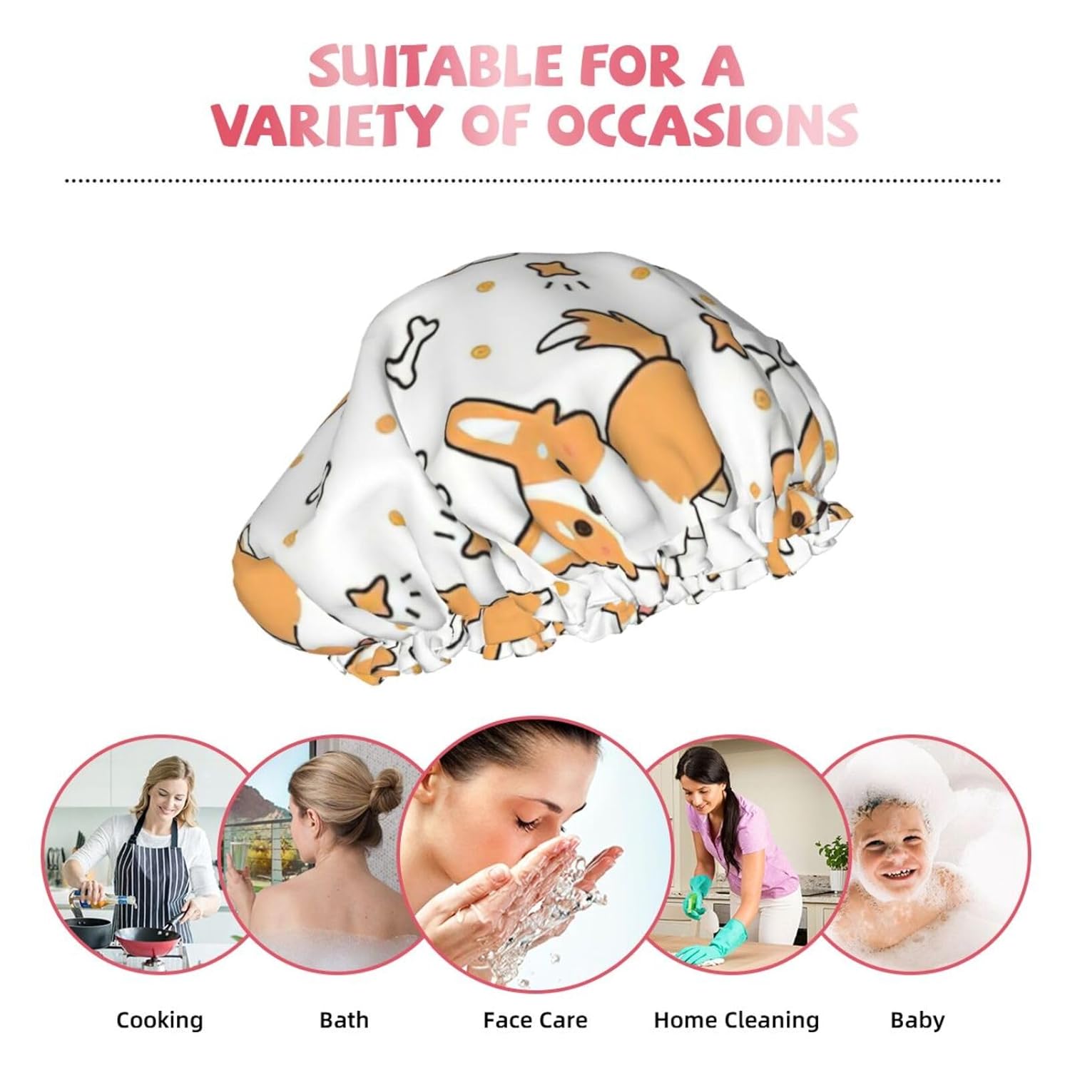 Gorro de ducha impermeable de doble capa con estampado de perro, adecuado para todas las longitudes de cabello (10.6 x 4.3 pulgadas)