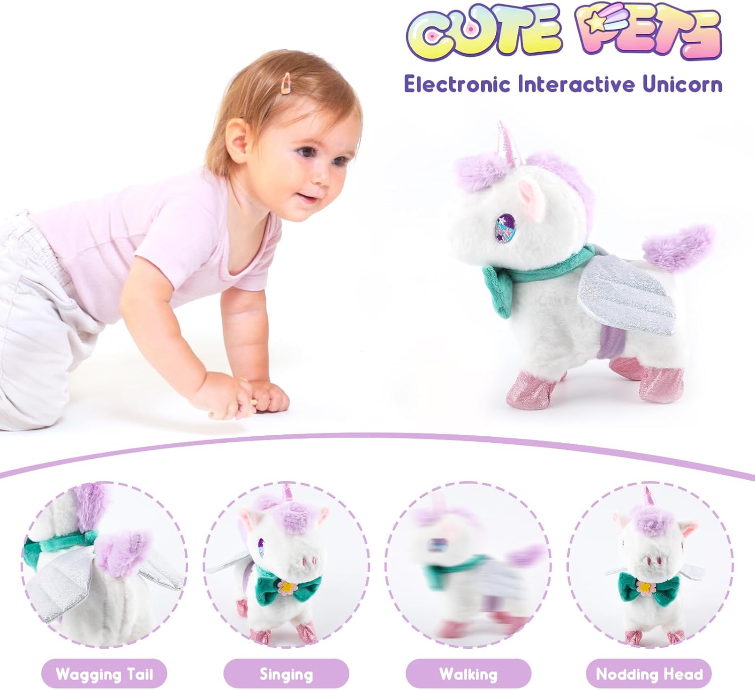 HOMZZZZ Juguete de unicornio de peluche, caminar, ladrar, mover la cola, reconocimiento táctil, reacción de voz – Juguete electrónico de compañero