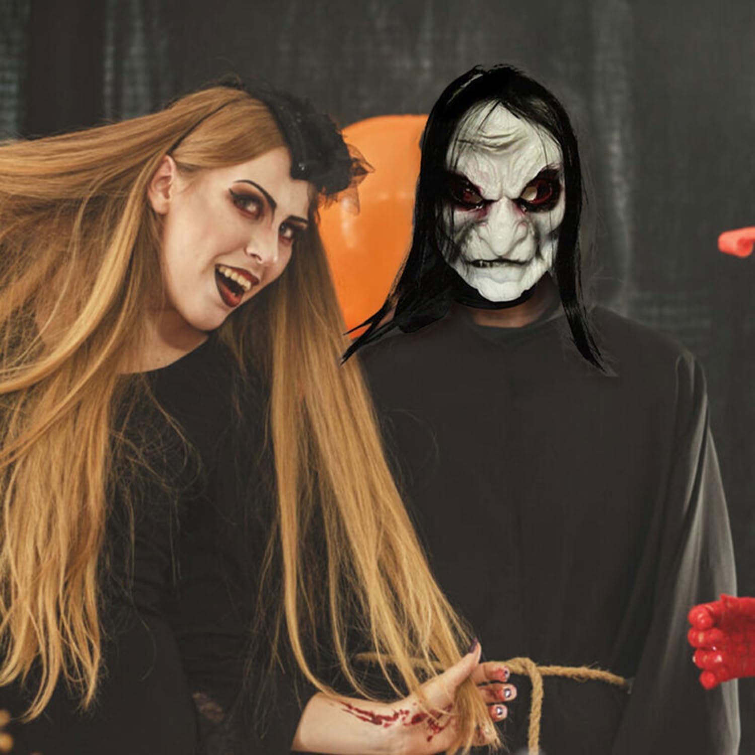 VICDUEKG Máscara aterradora de Halloween con pelo largo, máscara de diablo de terror para cosplay, fiesta espeluznante, disfraz de Halloween,