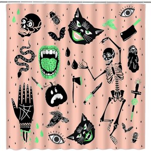 GCTNBJL Cortina de ducha de Halloween, espeluznante alquimia, calavera, esqueleto, gato, calabaza, quiromancia, gótica, bohemia, tablero mágico de GCTNBJL Cortina de ducha de Halloween, espeluznante alquimia, calavera, esqueleto, gato, calabaza, quiromancia, gótica, bohemia, tablero mágico de