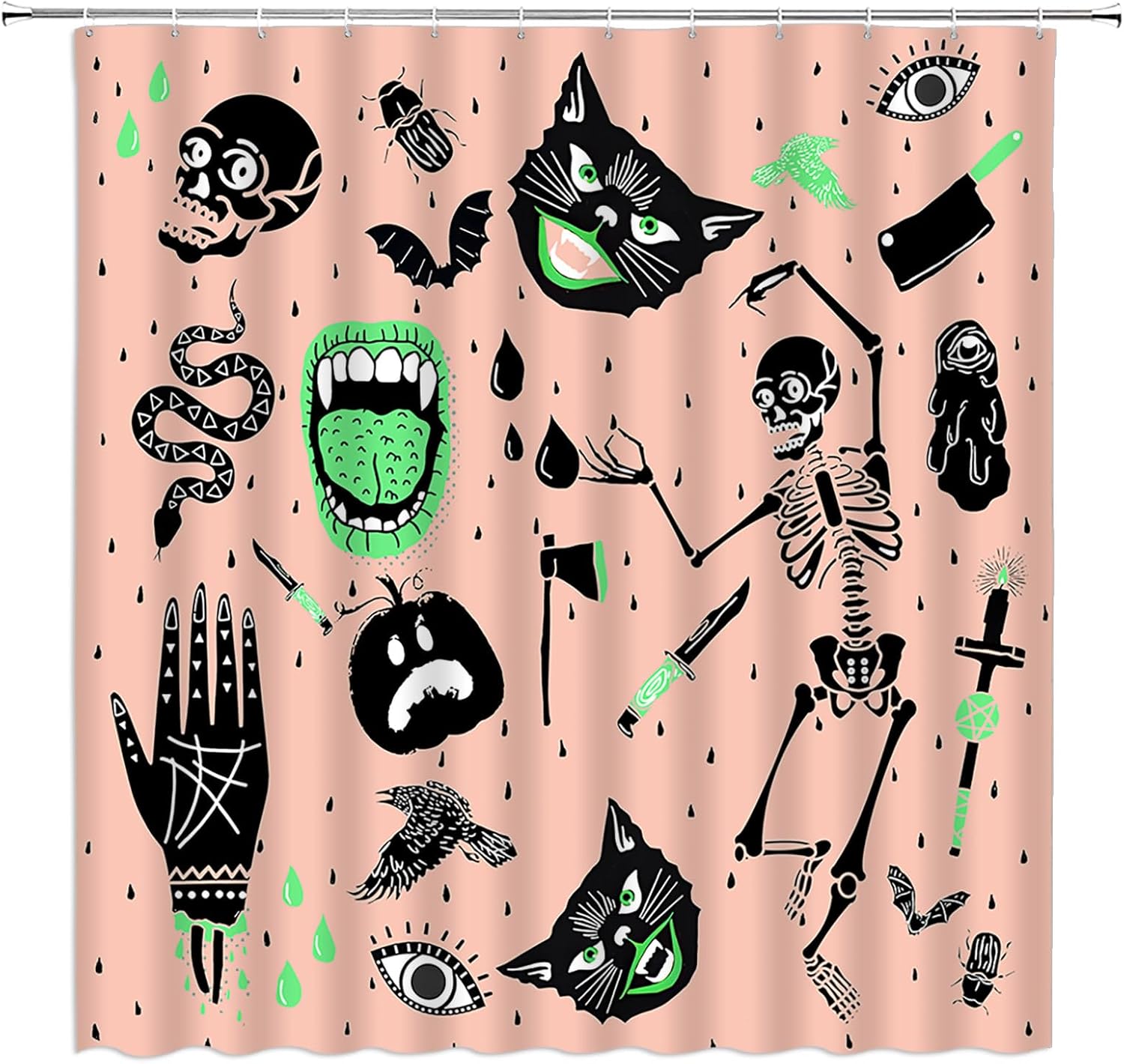 GCTNBJL Cortina de ducha de Halloween, espeluznante alquimia, calavera, esqueleto, gato, calabaza, quiromancia, gótica, bohemia, tablero mágico de