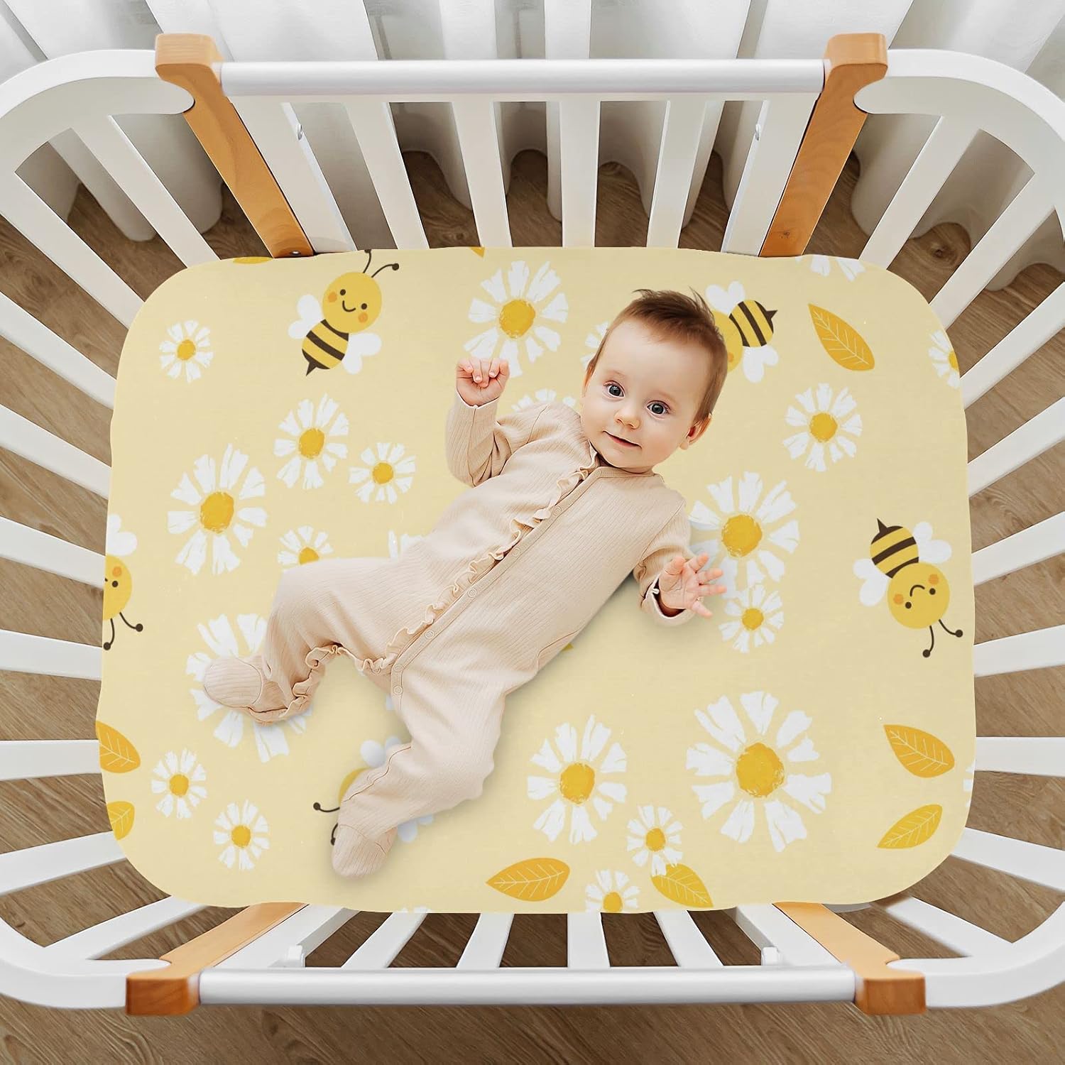 Flying Bees Daisy – Sábana bajera ajustable para cuna para niños y niñas, sábana bajera para cuna de bebé, sábana bajera ajustable para bebé, 39 x