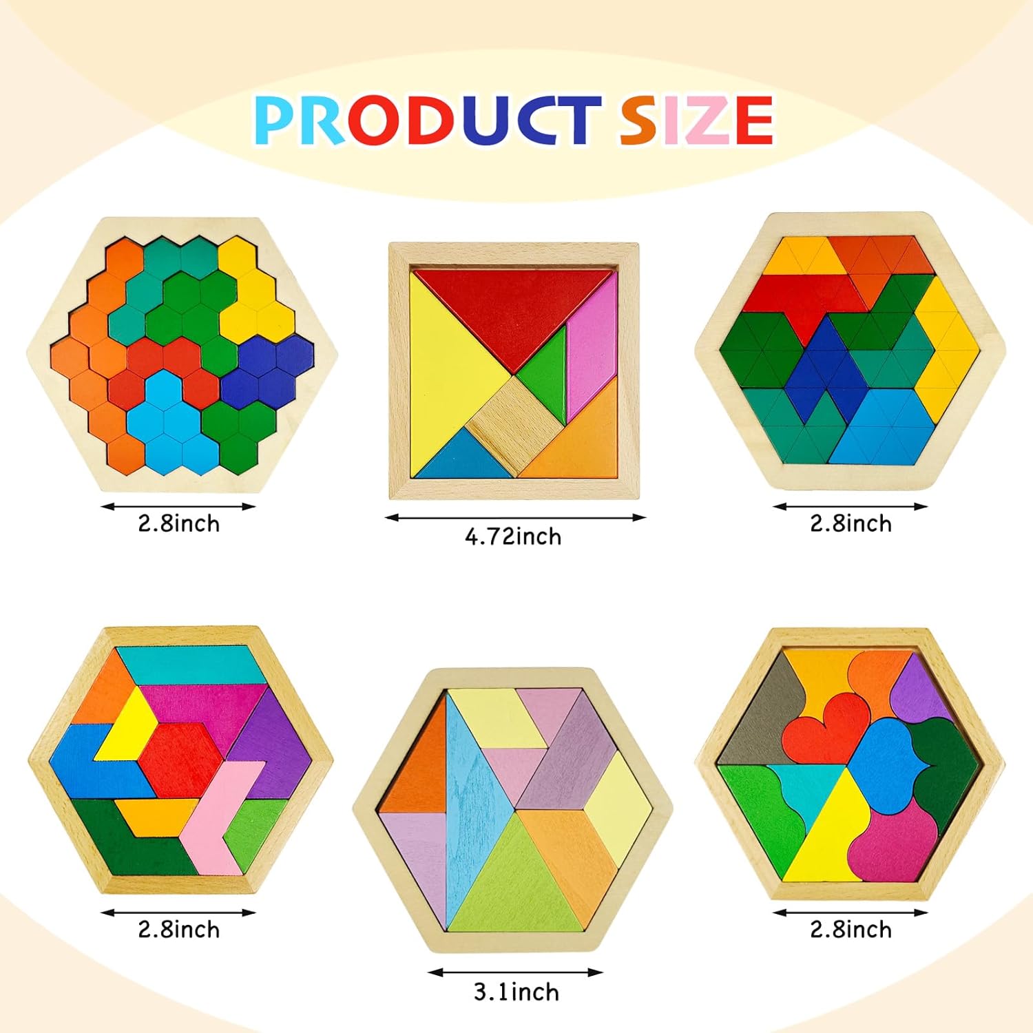 YUQILIN 6 rompecabezas de madera Tangrams para niños, rompecabezas hexagonales de madera para niños pequeños, rompecabezas geométricos de cerebro,