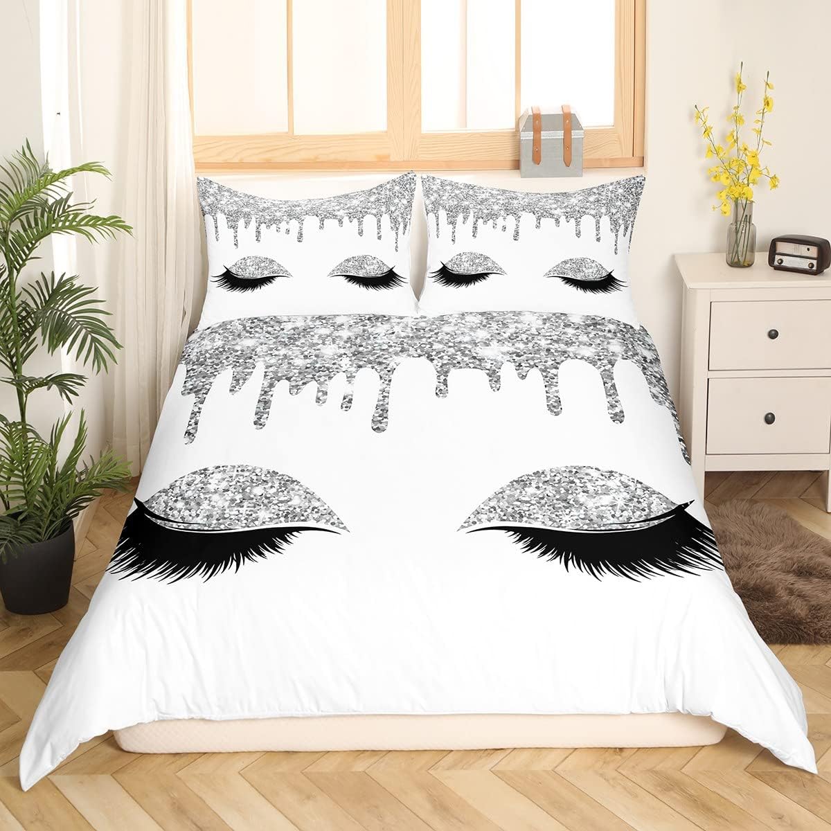 Feelyou Juego de ropa de cama de lujo para niñas, funda de edredón blanca con diseño de princesa femenina, funda de edredón brillante con hadas,