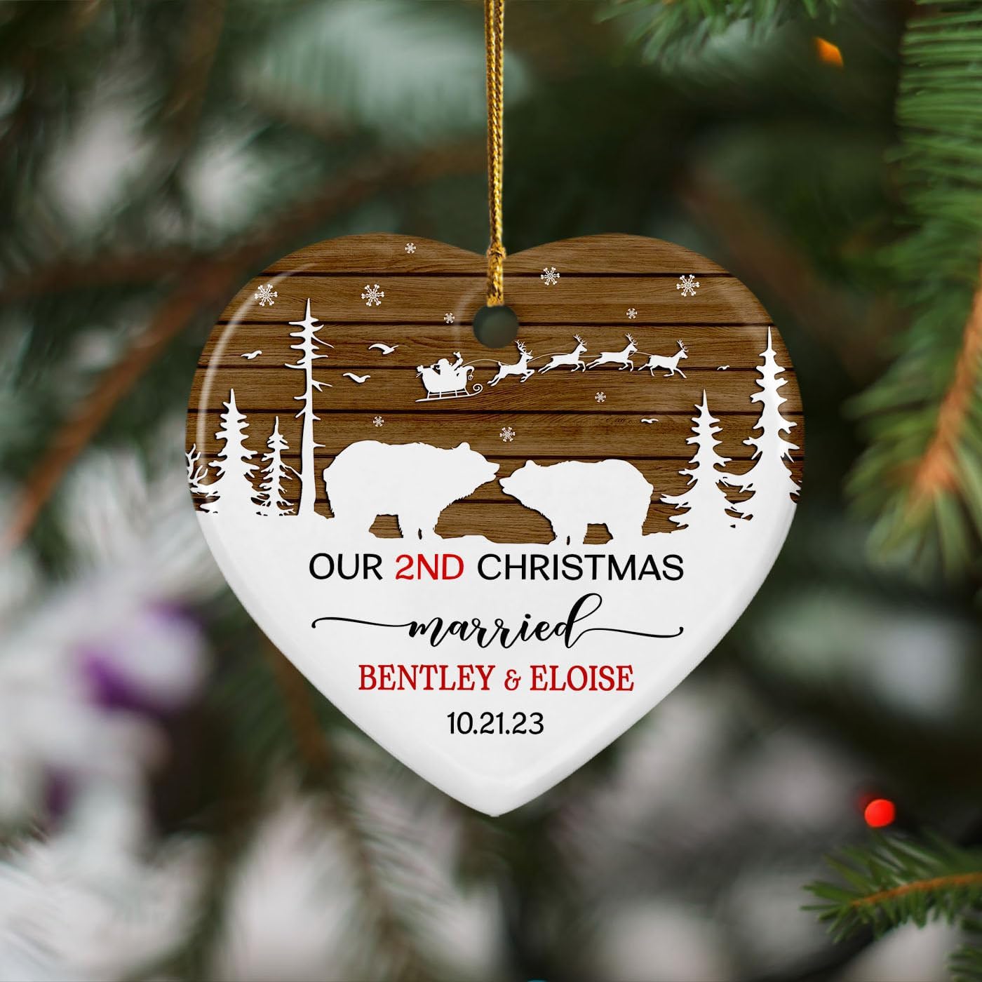 Adorno de cerámica para casados de 2 Navidad, Navidad 2023, adorno personalizado de nuestra segunda Navidad para casados, regalo para pareja, oso
