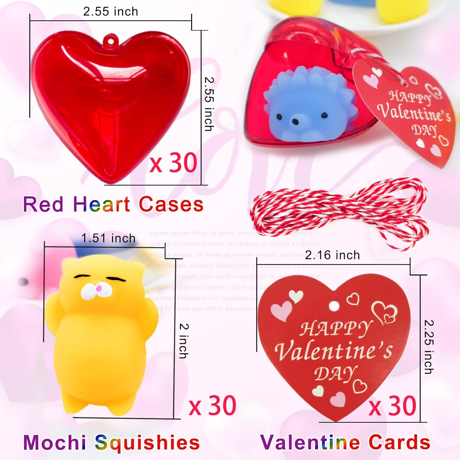 Paquete de 30 recuerdos de fiesta de San Valentín para niños, 30 juguetes esponjosos Mochi, caja de plástico de corazón rojo con tarjetas de San