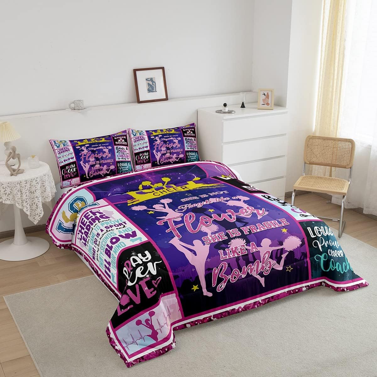 Feelyou Juego de edredón de regalo de animadora, juego de ropa de cama para niñas, adolescentes, regalos de equipo de animadoras, juego de edredón